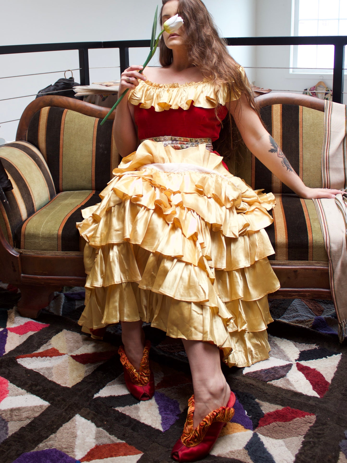 1930s Crimson Velveteen & Gold Liquid Satin Tiered Ruffle Gown