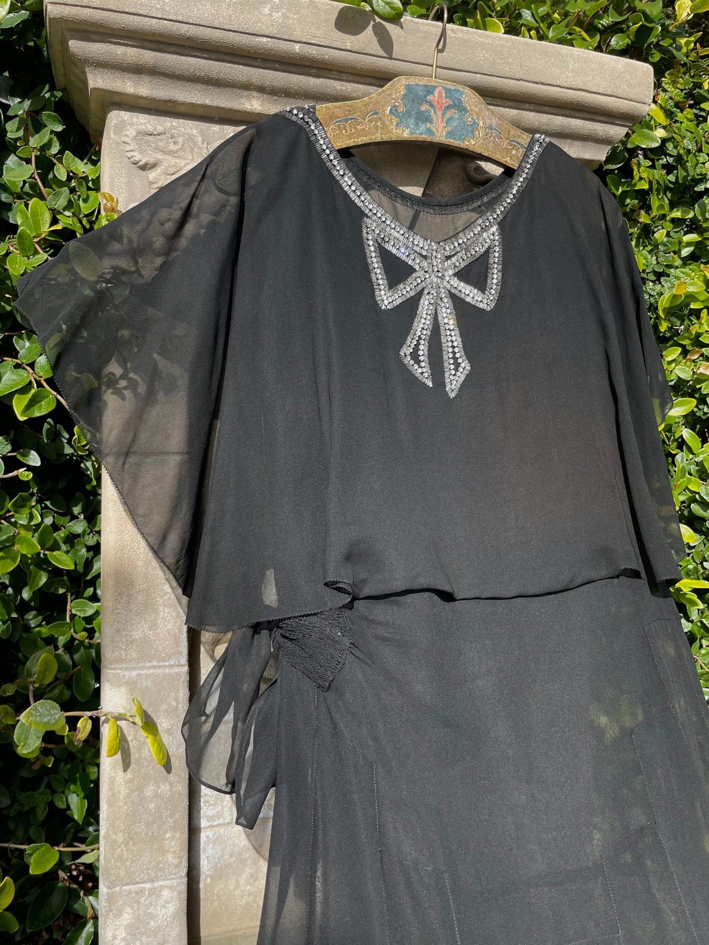 1930s Rhinestone Embellished Bow Capelet Chiffon Gown