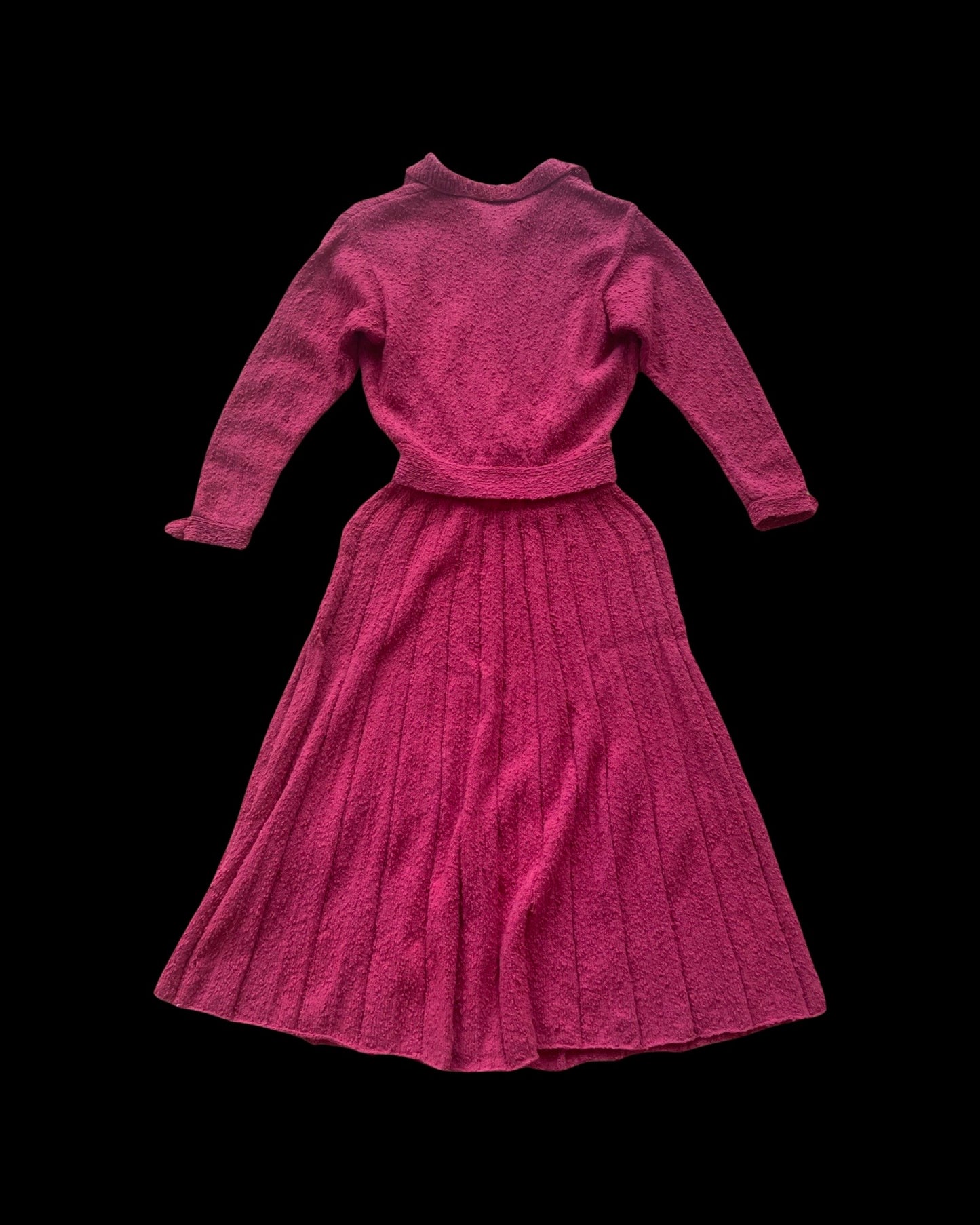 1950s Raspberry Two Piece Bouclé Knit Dress Set With Dog Glass Buttons