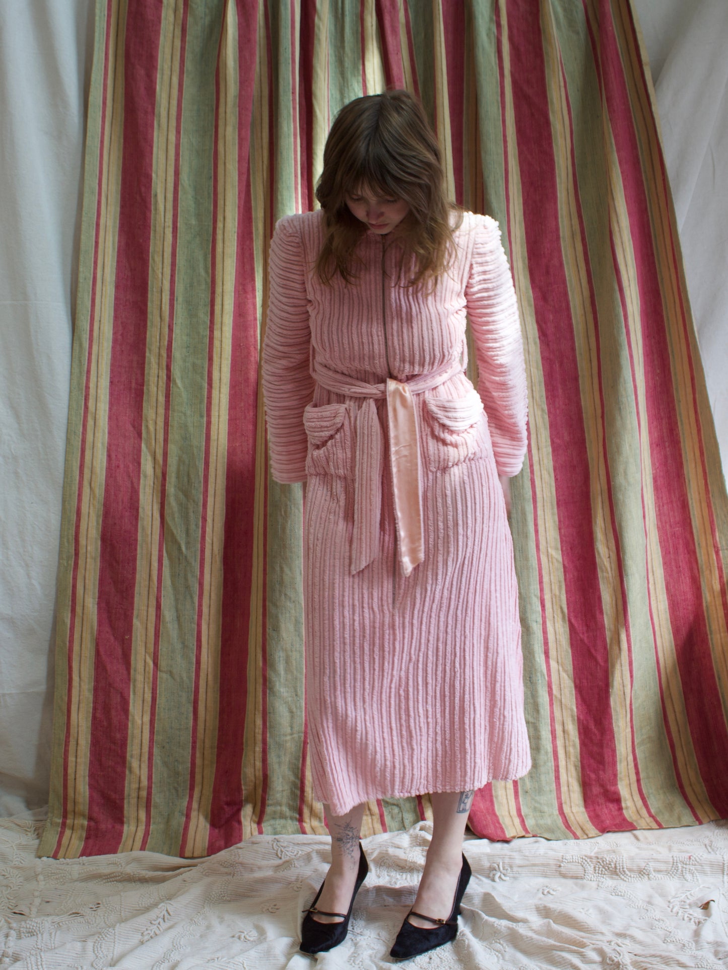 1940s Ballet Pink Chenille Puff Sleeve Tie Waist Dress