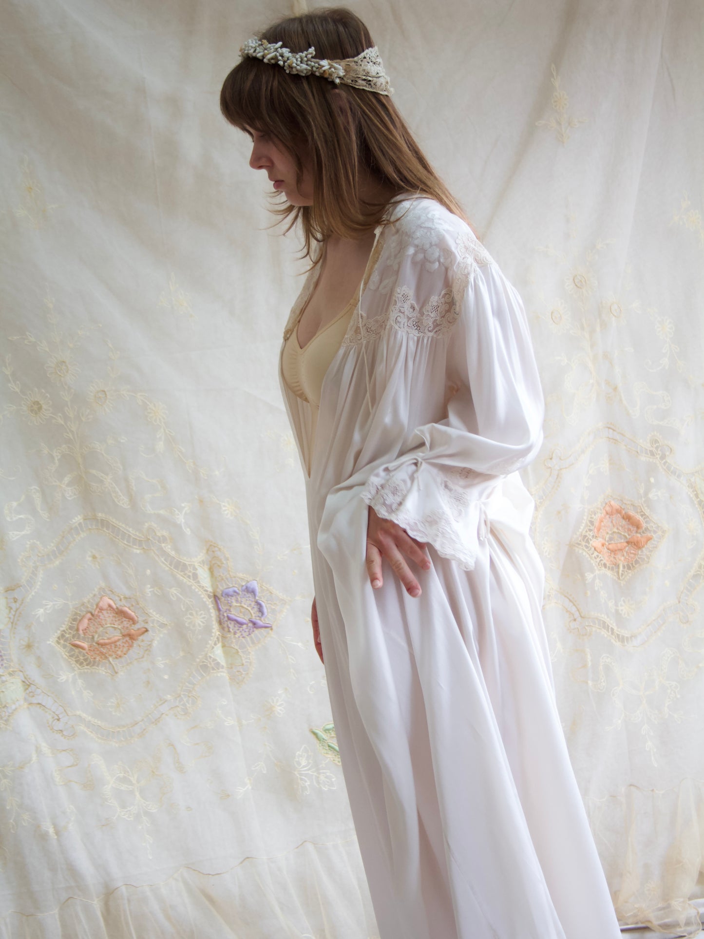 Rare 1930s Silk Lace Hand Sewn Balloon Sleeve Deep V Trousseau Gown