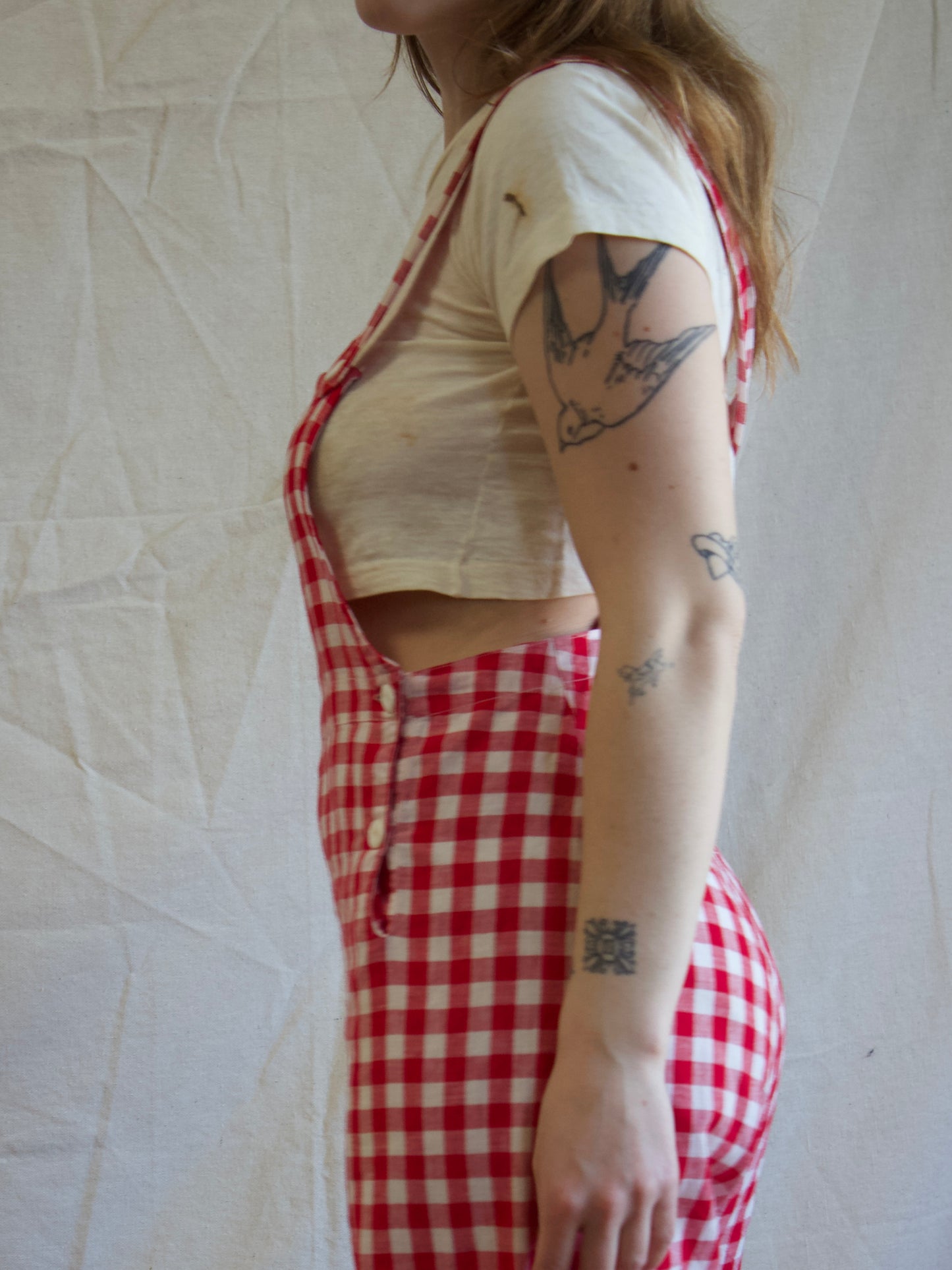 1930s Gingham Cotton Bib Front Side Button Overalls