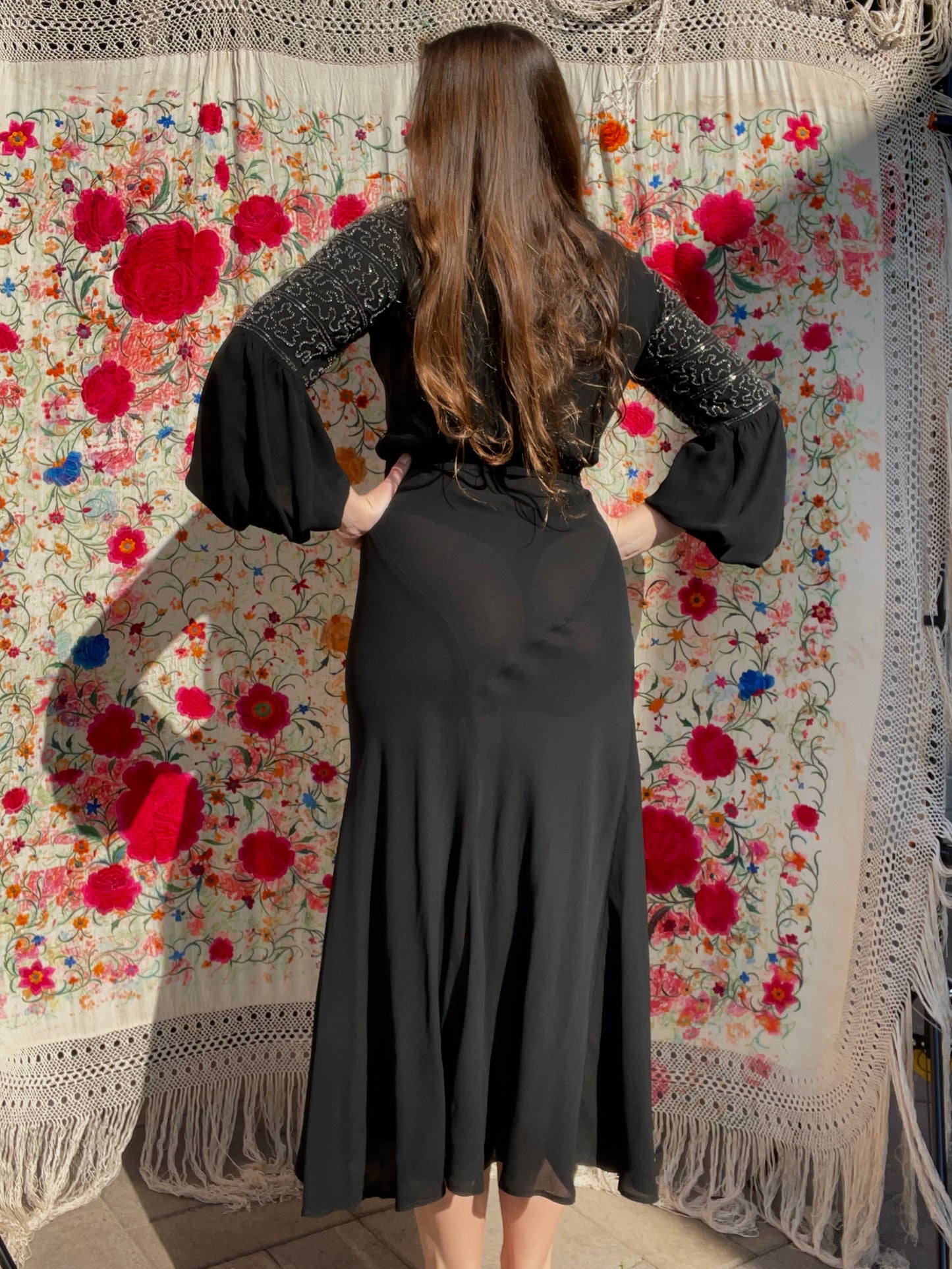 1930s Deco Jet Black Silk Crepe Glass Beaded Bishop Sleeve Dress