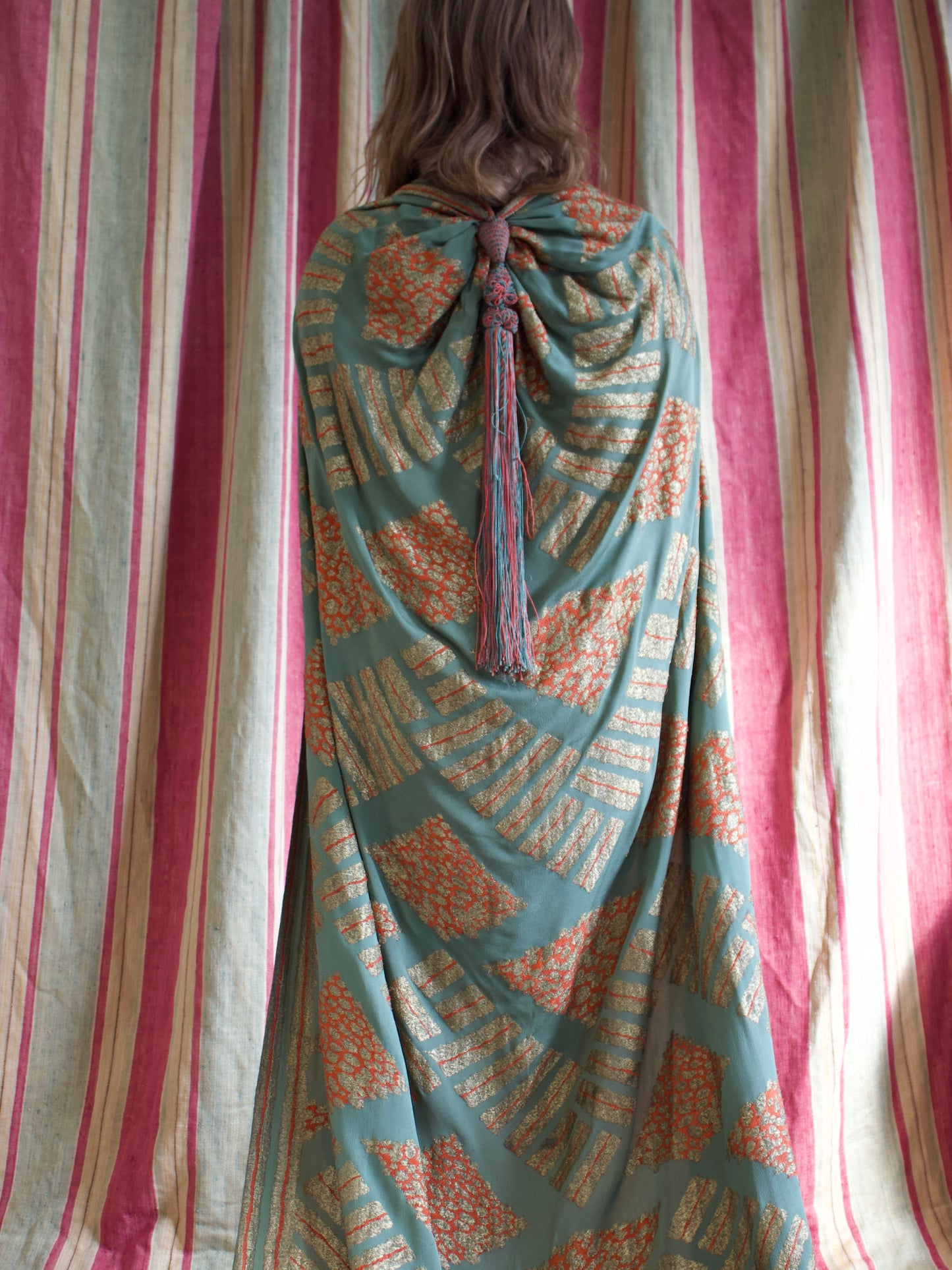 Antique 1920s Tangerine & Gold Lamé Chiffon Floor Length Trained Knotted Fringe Cape