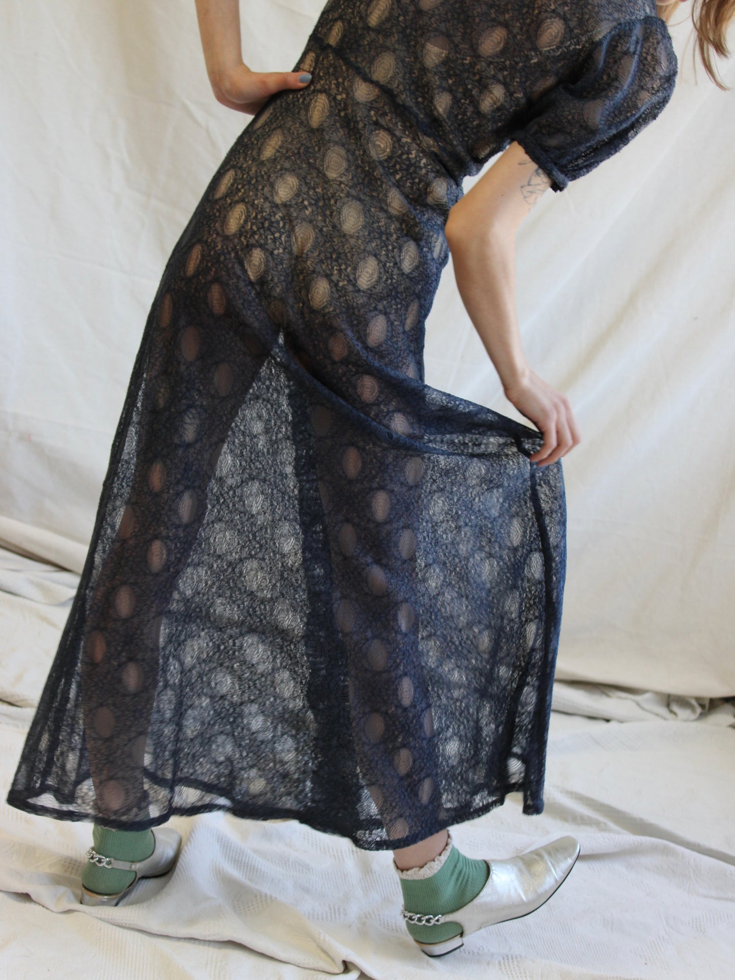 1930s Navy Blue Embroidered Net Puff Sleeve Bow Trimmed Dress