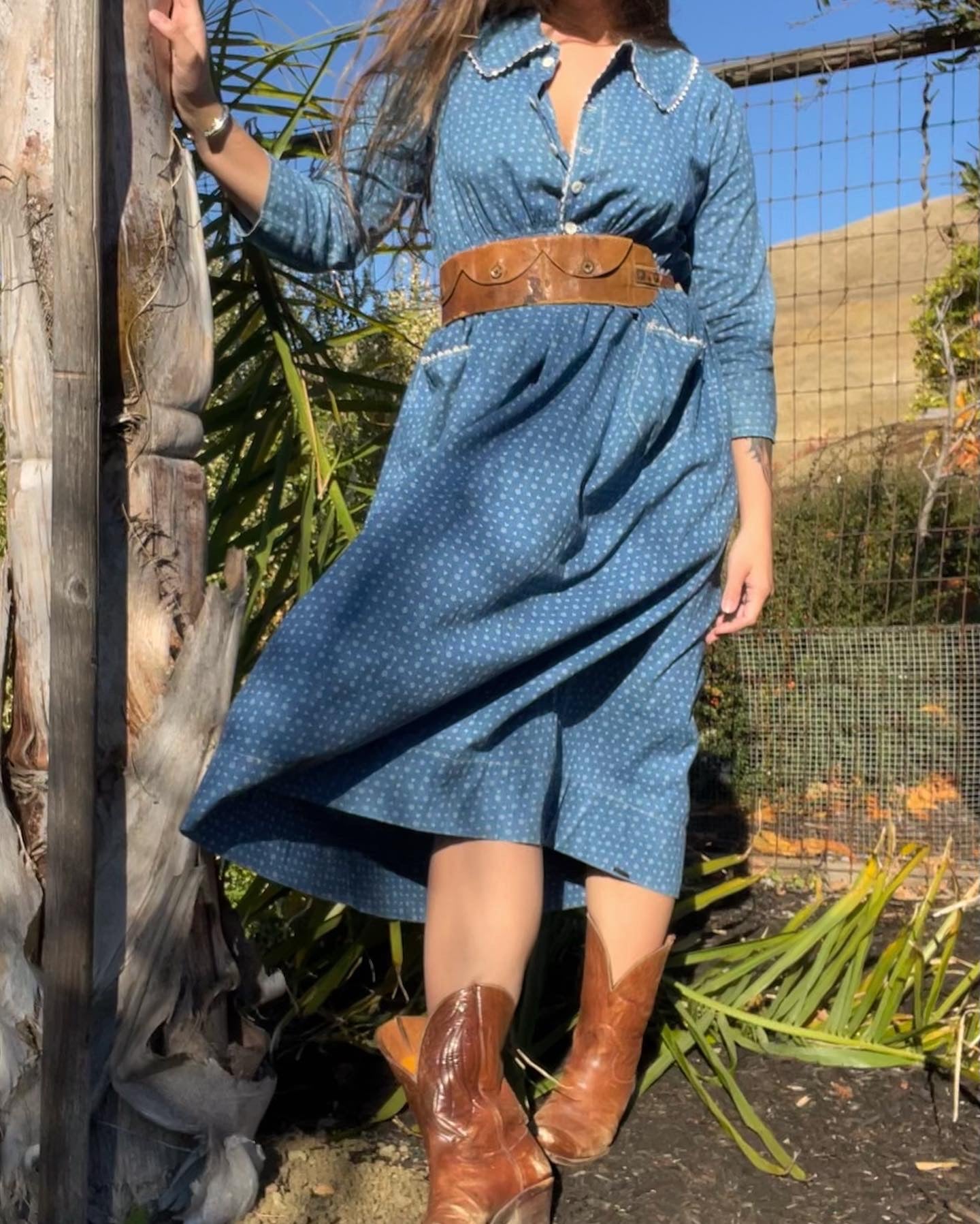 Edwardian Indigo Calico Sailor Collar Workwear Dress
