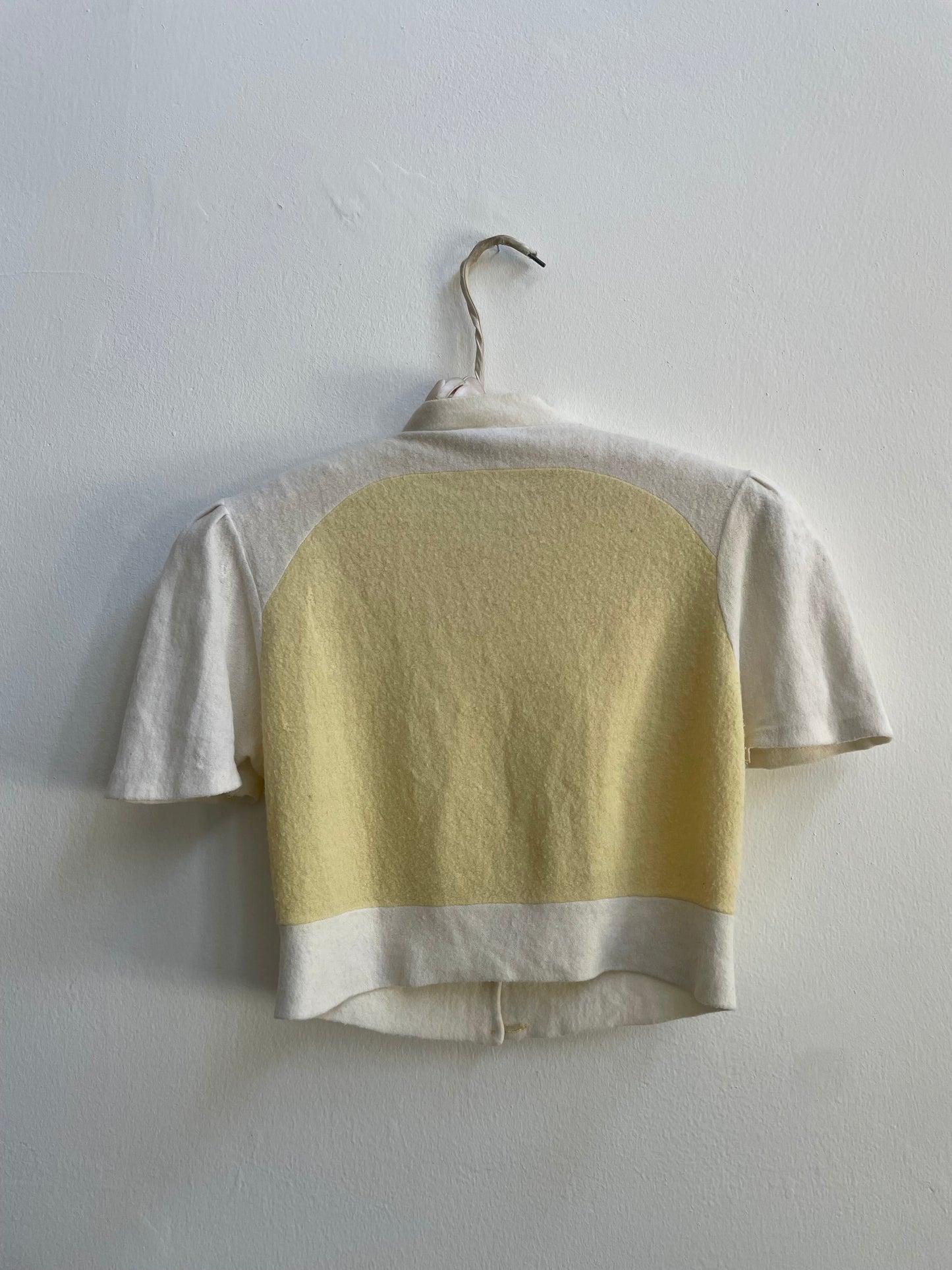 1930s Two Tone Butter Yellow & Ivory Fuzzy Rayon Knit Puff Sleeve Cropped Knit