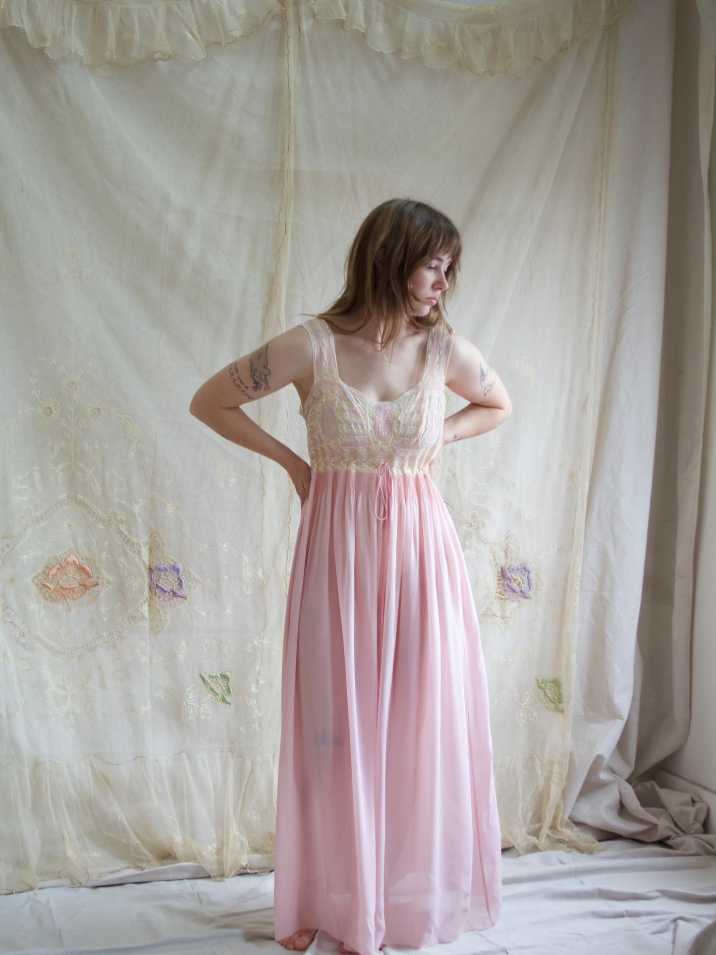 1930s Pale Silk Chiffon & Lace Hand Embroidered Slip Dress