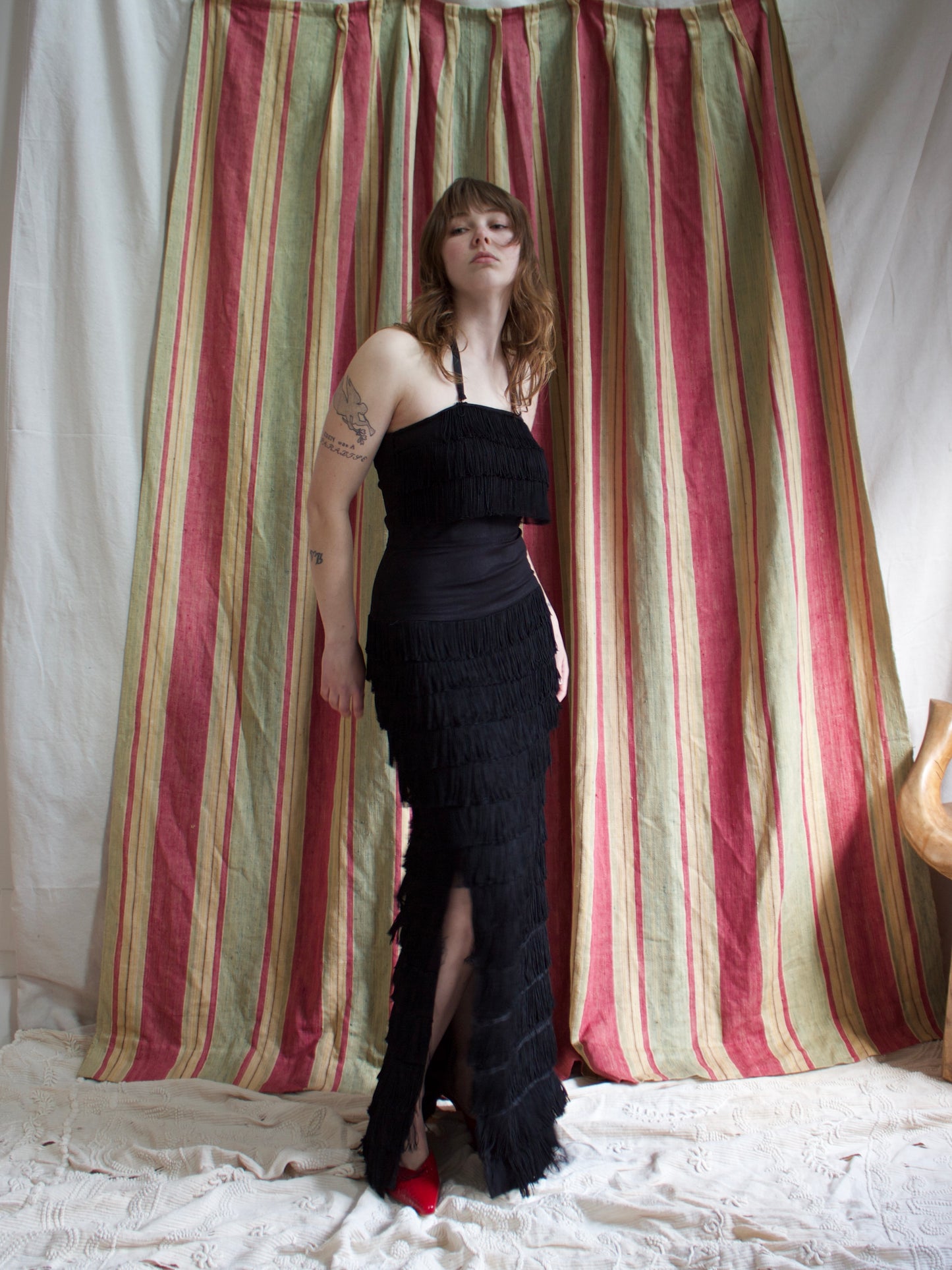 Rare 1940s Halter Style Floor Length Fringe Crepe Gown
