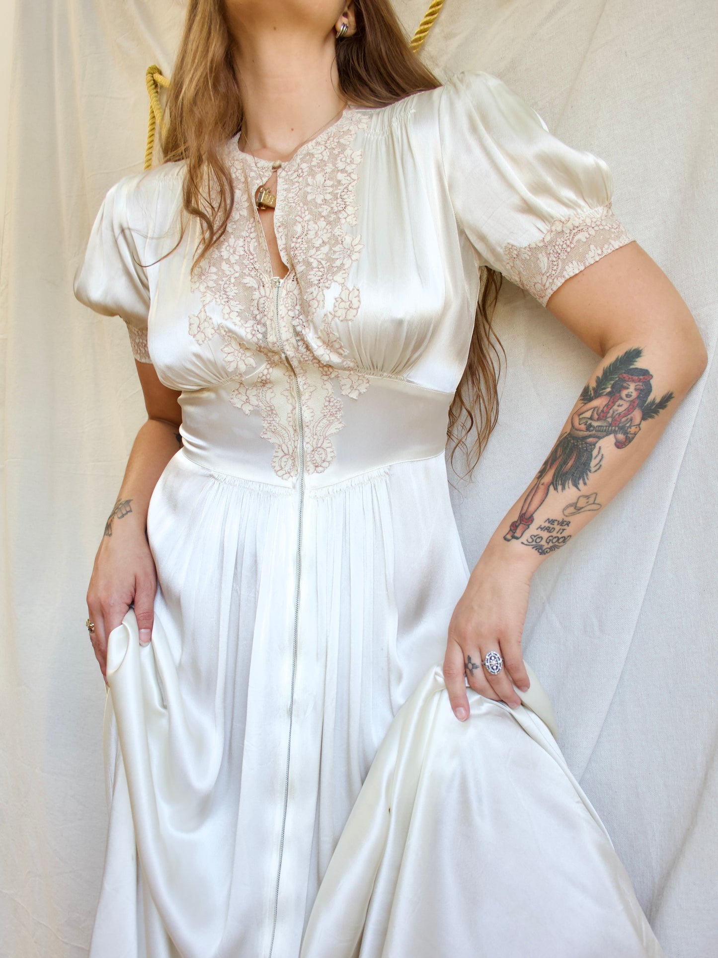 Late 1930s Liquid Silk Satin Trained Zip Front Inset Lace Gown