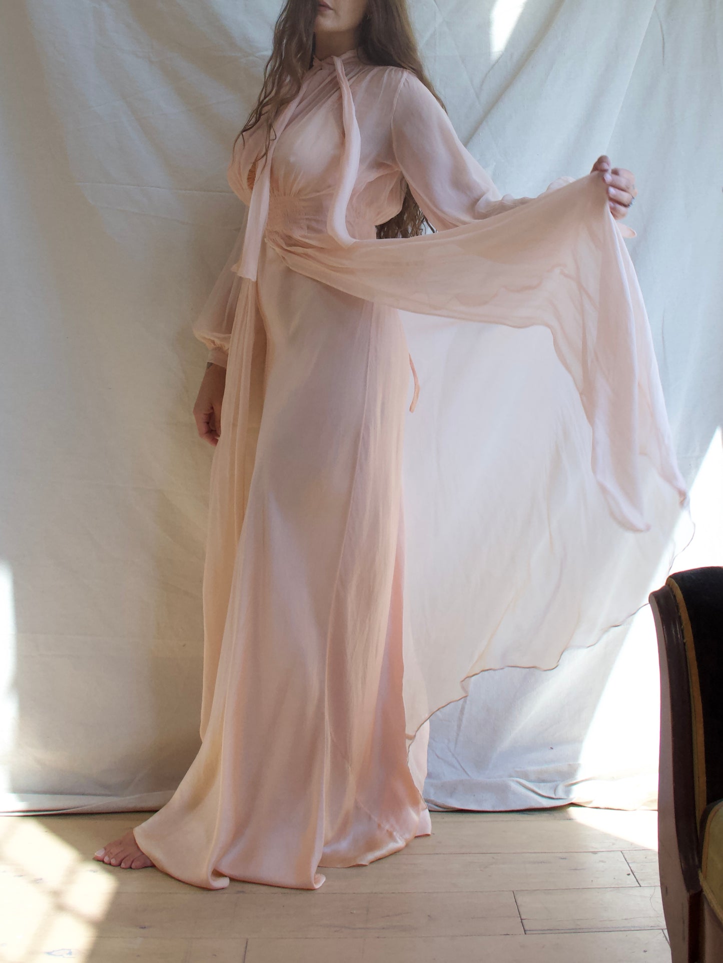 1930s Chiffon Bishop Sleeve Smocked Trained Peignoir