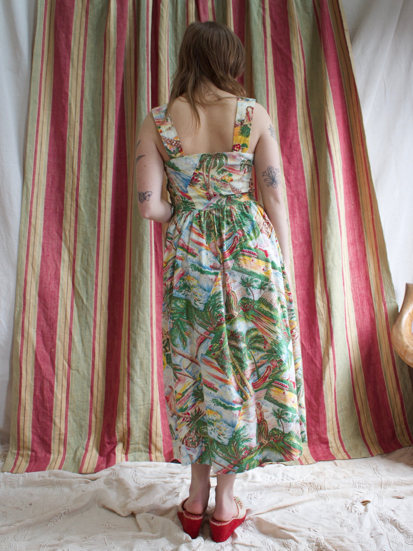 1940s 2 PC Hawaiian Print Cotton Sundress w* Chartreuse Bolero