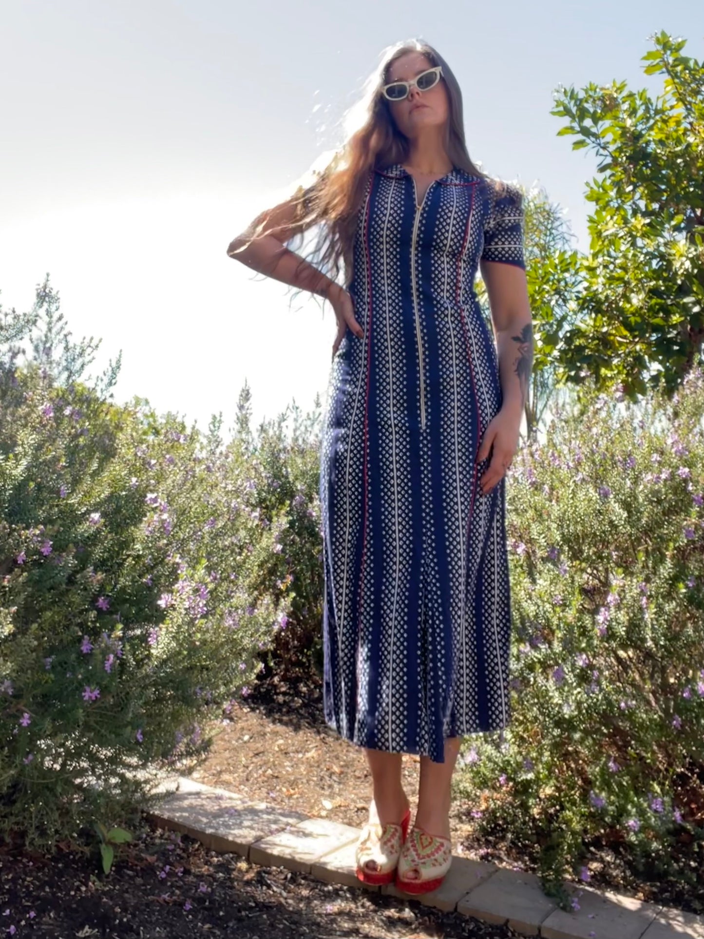 1930s Deco Printed Zip Front Dress