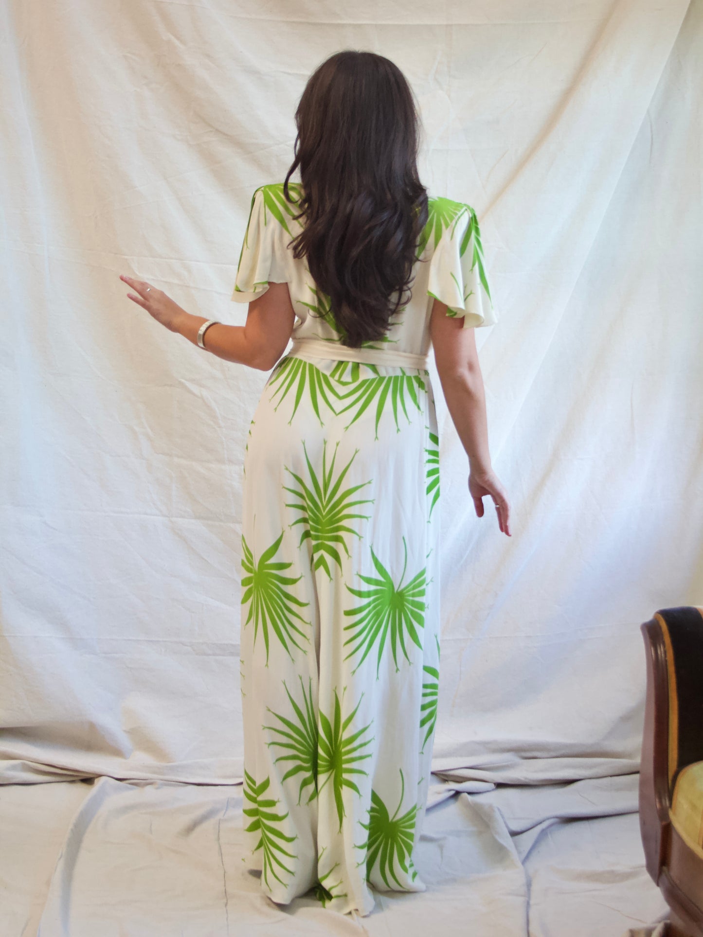 1940s Strong Shoulder Lime Green Palm Print Silk Crepe Dress