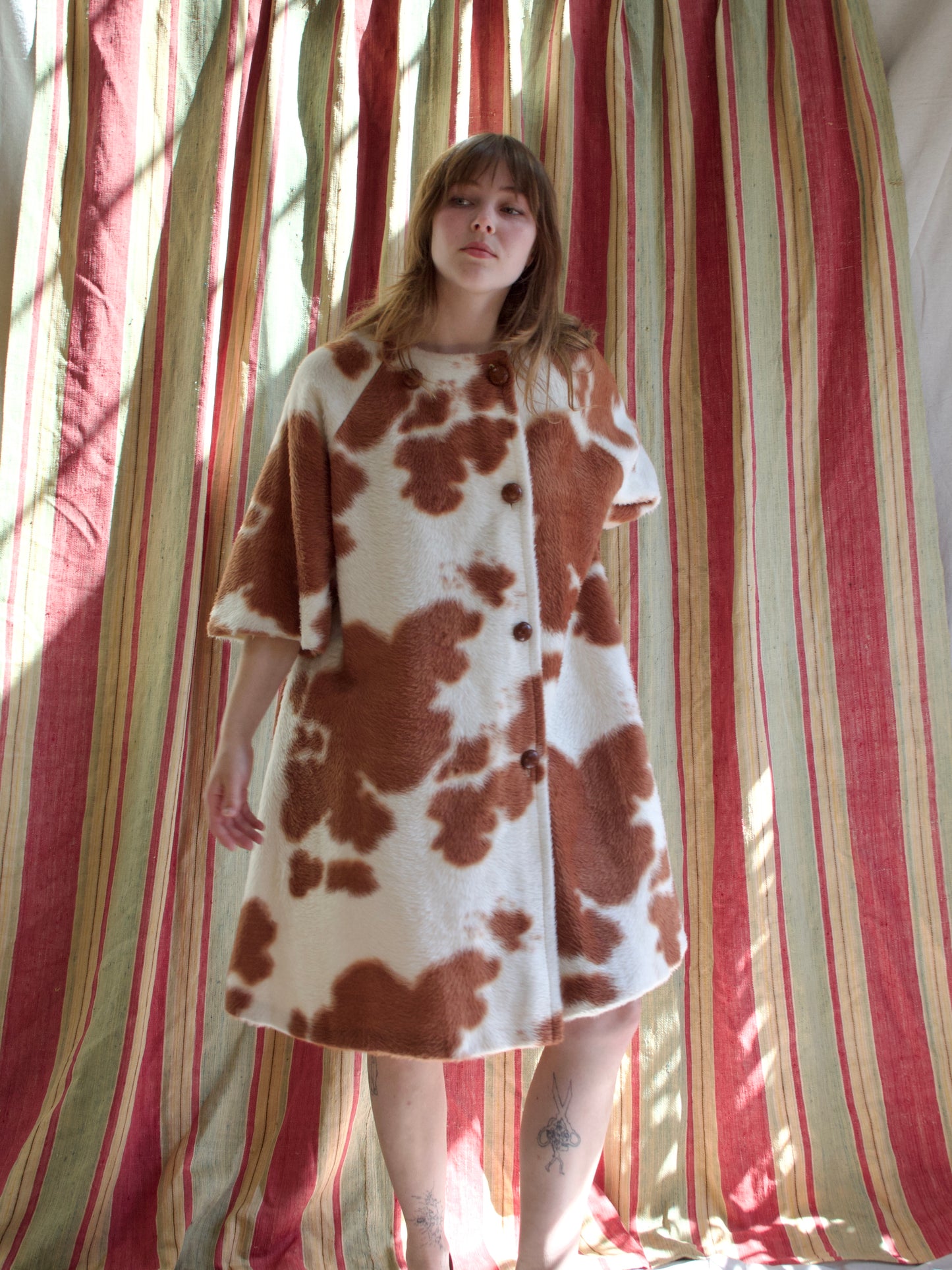 Late 1950s Faux Fur Cow Print Bell Sleeve Tunic Style Jacket