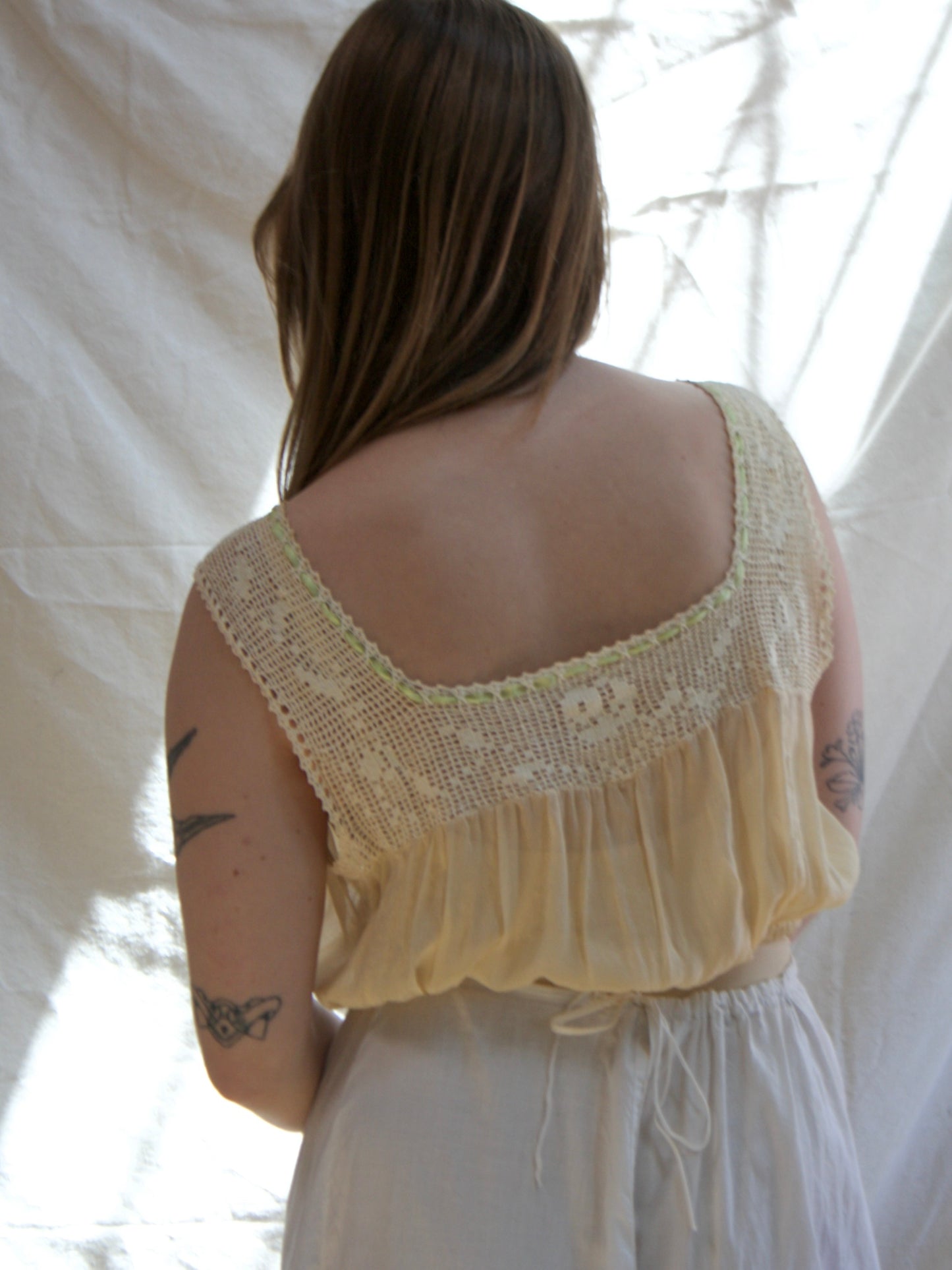 Antique Woven Ribbon Ecru Crochet Silk Corset Cover