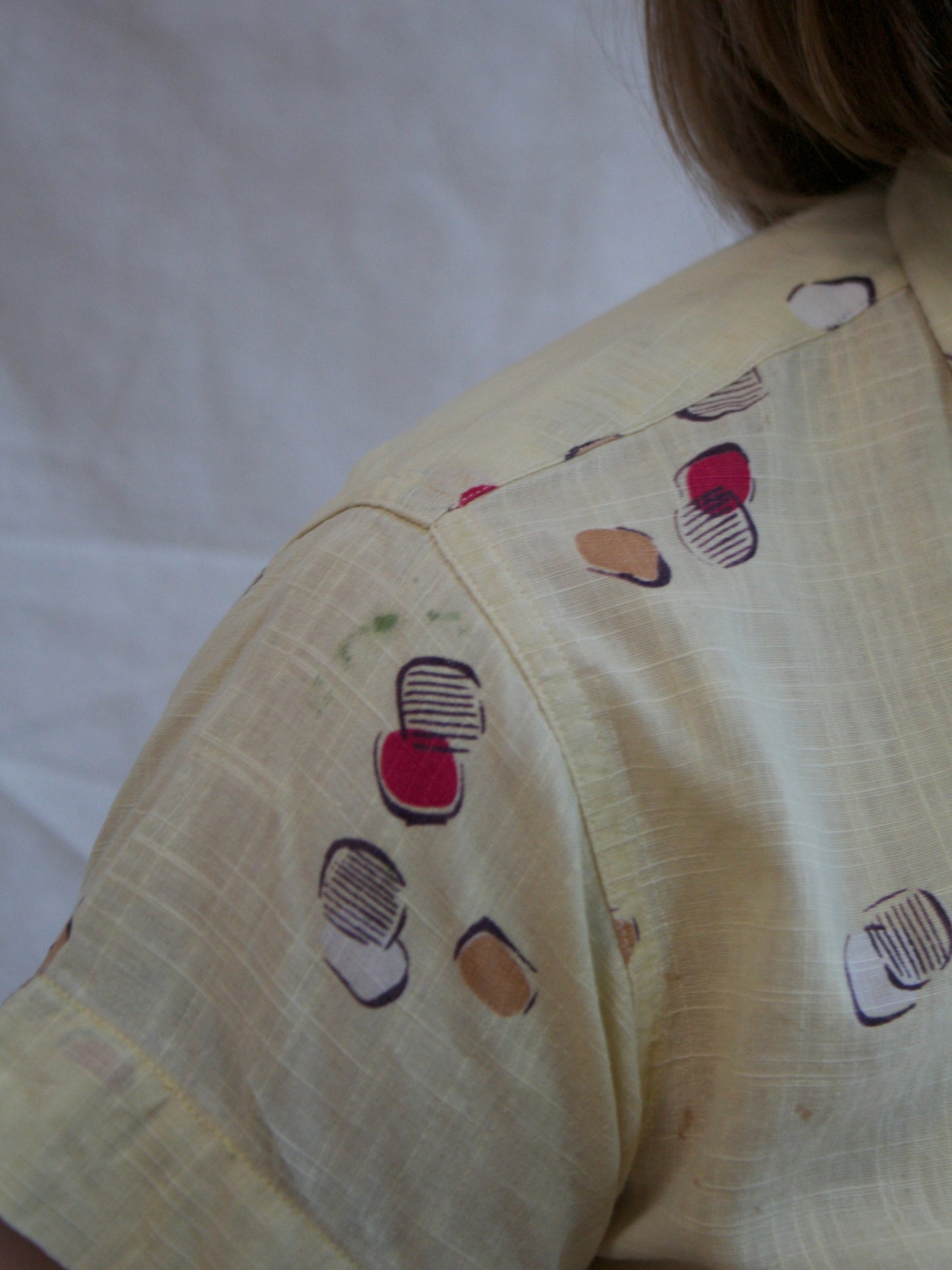 1950s Butter Yellow Atomic Print Loop Collar Shirt