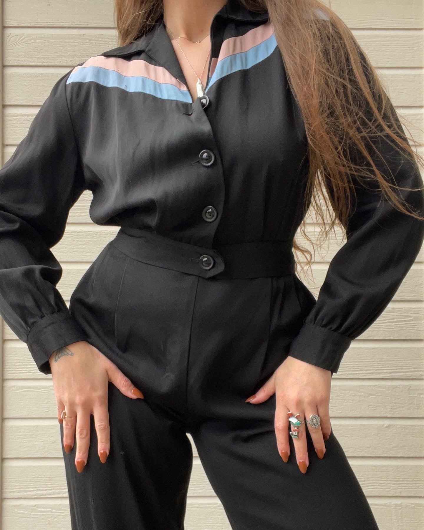 1940s DEADSTOCK Pastel Chevron Stripe Gabardine Sportswear Pant Suit Set