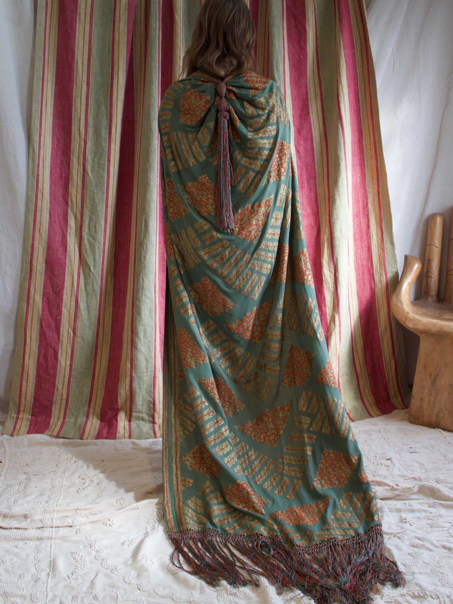Antique 1920s Tangerine & Gold Lamé Chiffon Floor Length Trained Knotted Fringe Cape