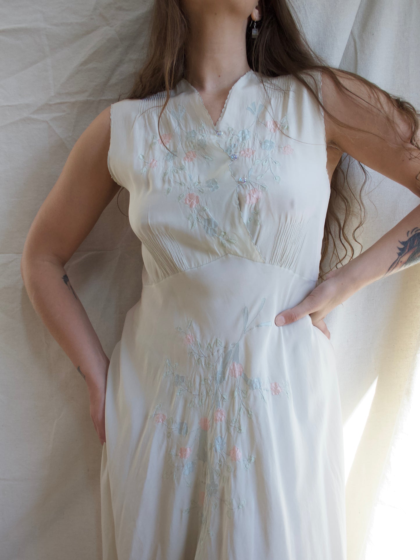 1930s Pale Seafoam Silk Floral Appliqué Slip Dress