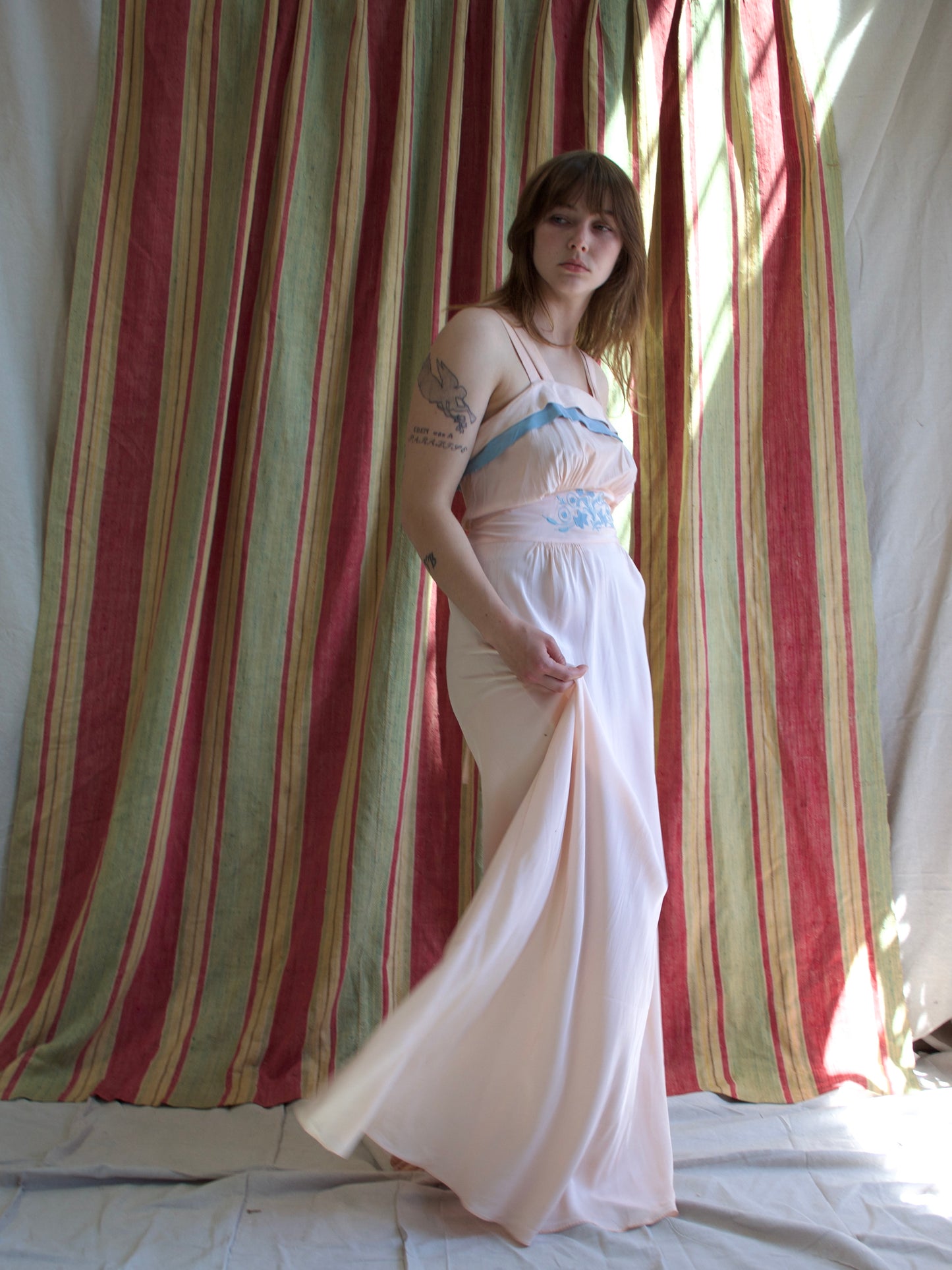 1940s Appliqué Two Tone Cold Rayon Bias Cut Slip Dress