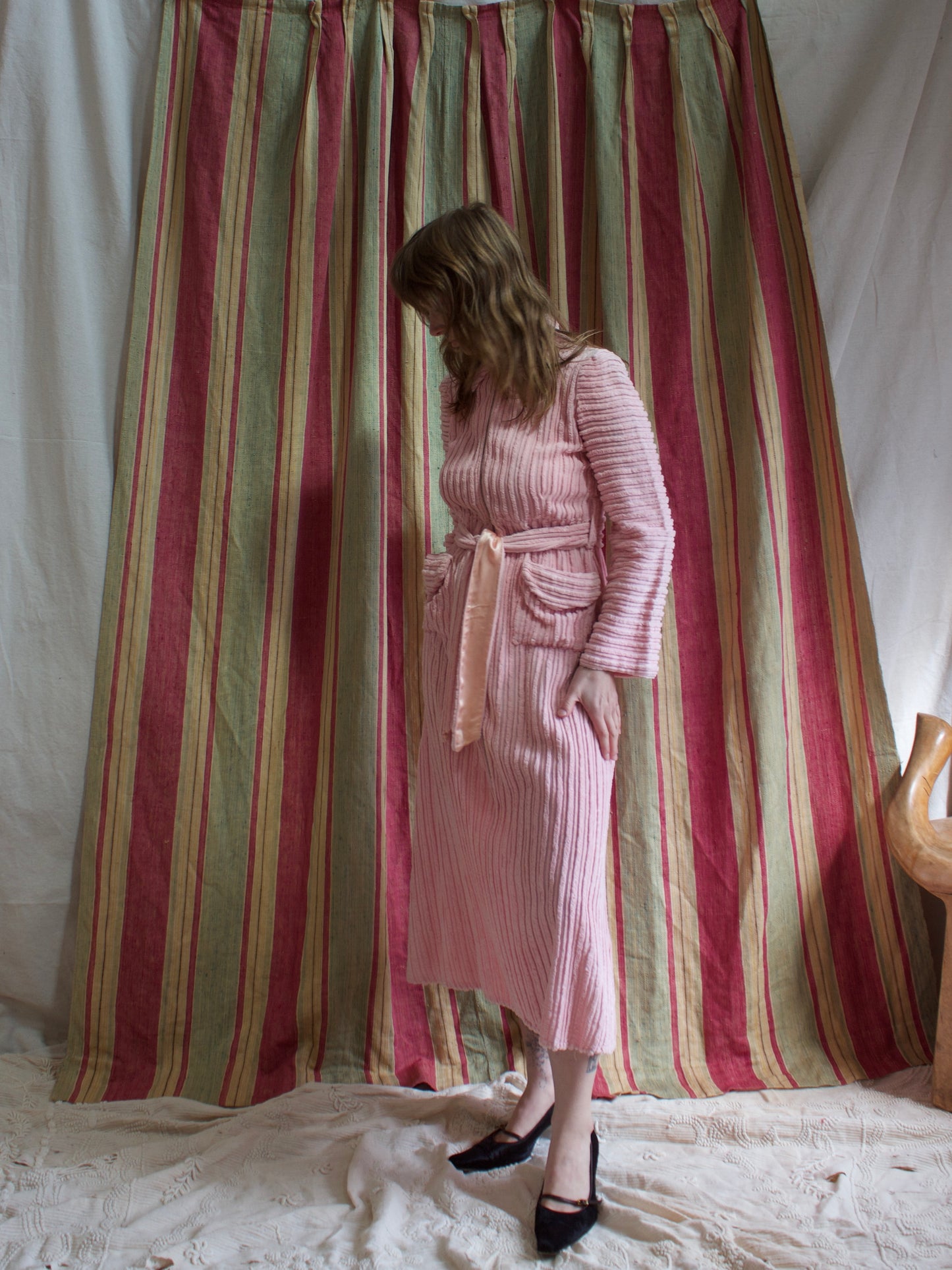 1940s Ballet Pink Chenille Puff Sleeve Tie Waist Dress