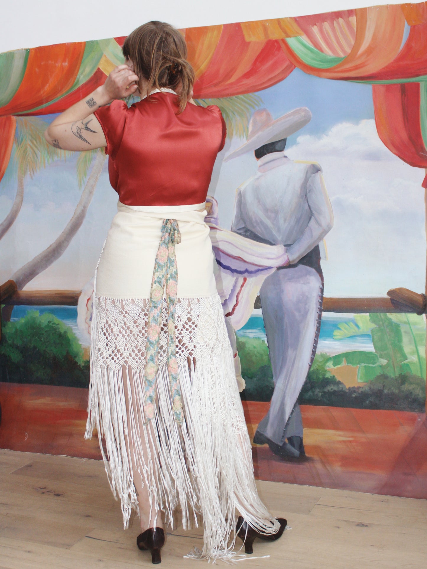 Hand Painted Cranberry Silk Cap Sleeve Crop Blouse Modern Does Vintage