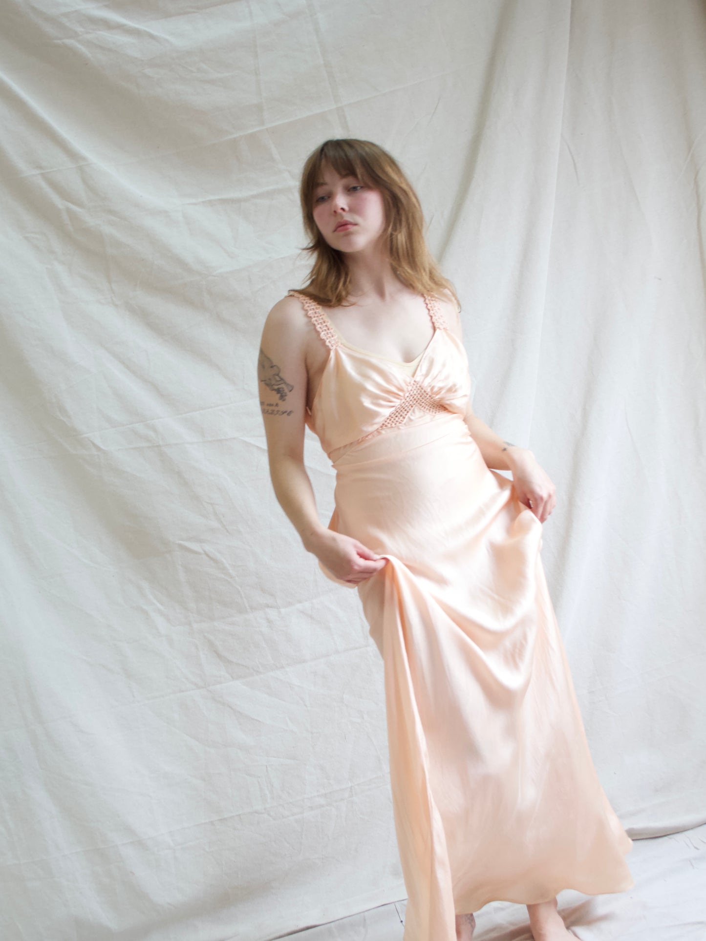 1930s Hand Sewn Woven Strap Bias Cut Silk Midriff Detail Slip Dress