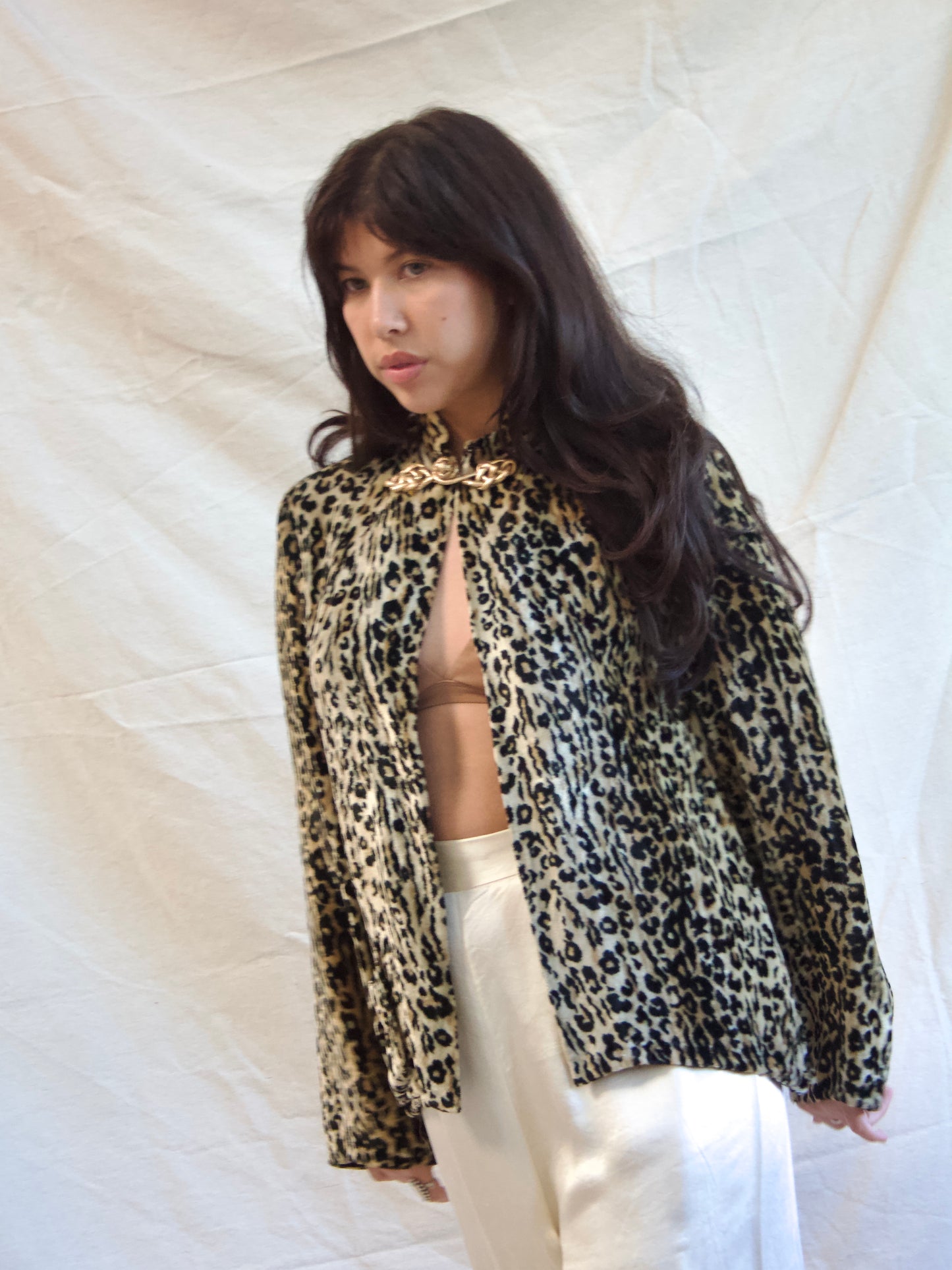 1940s Plush Leopard Print Velvet Mandarine Collar Blouse