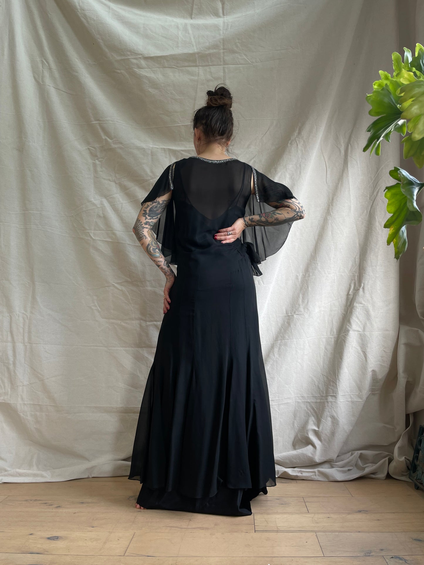 1930s Rhinestone Embellished Bow Capelet Chiffon Gown