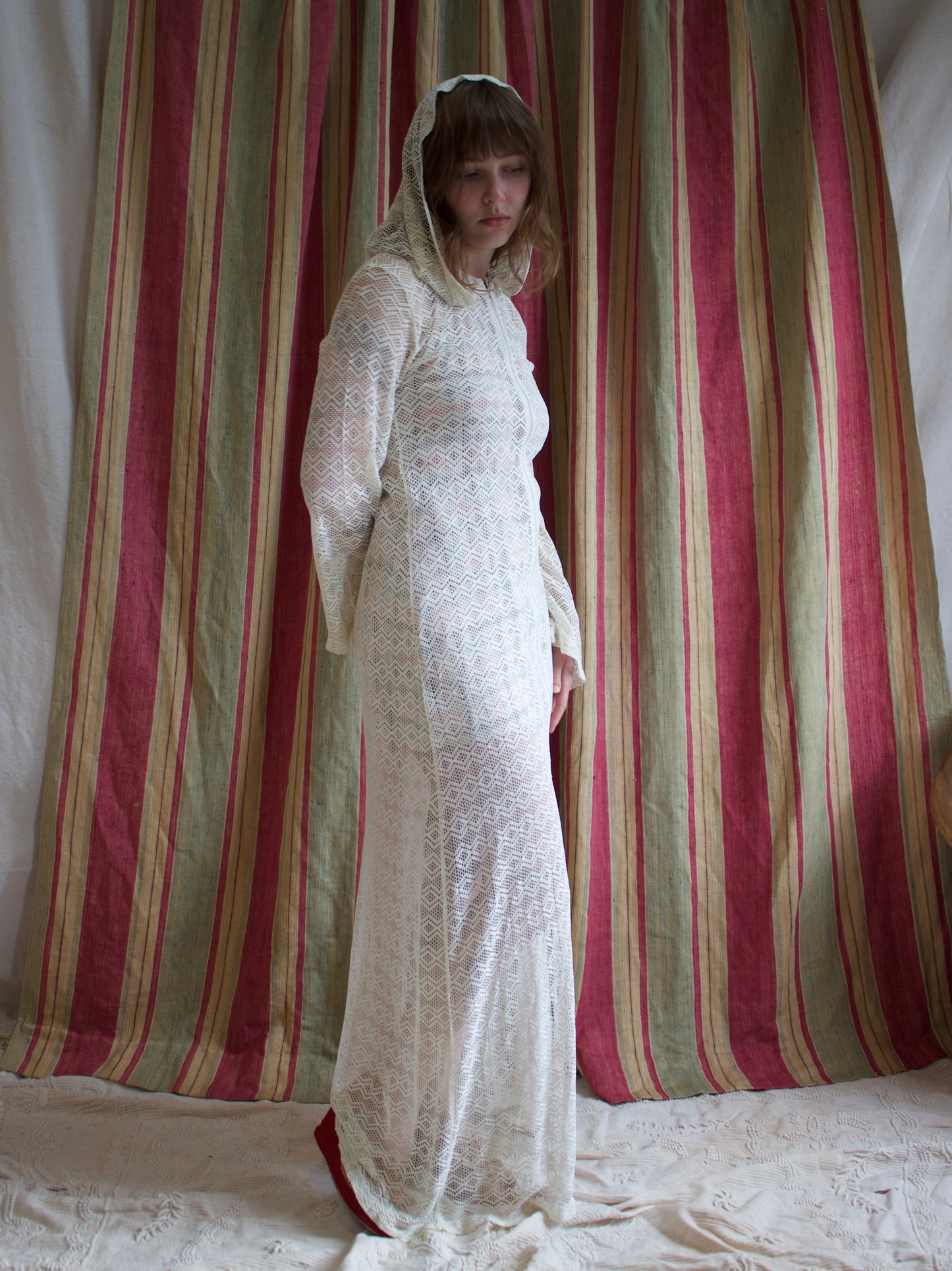 1950s Zip Front Open Knit Weave Hooded Bell Sleeve Beach Dress