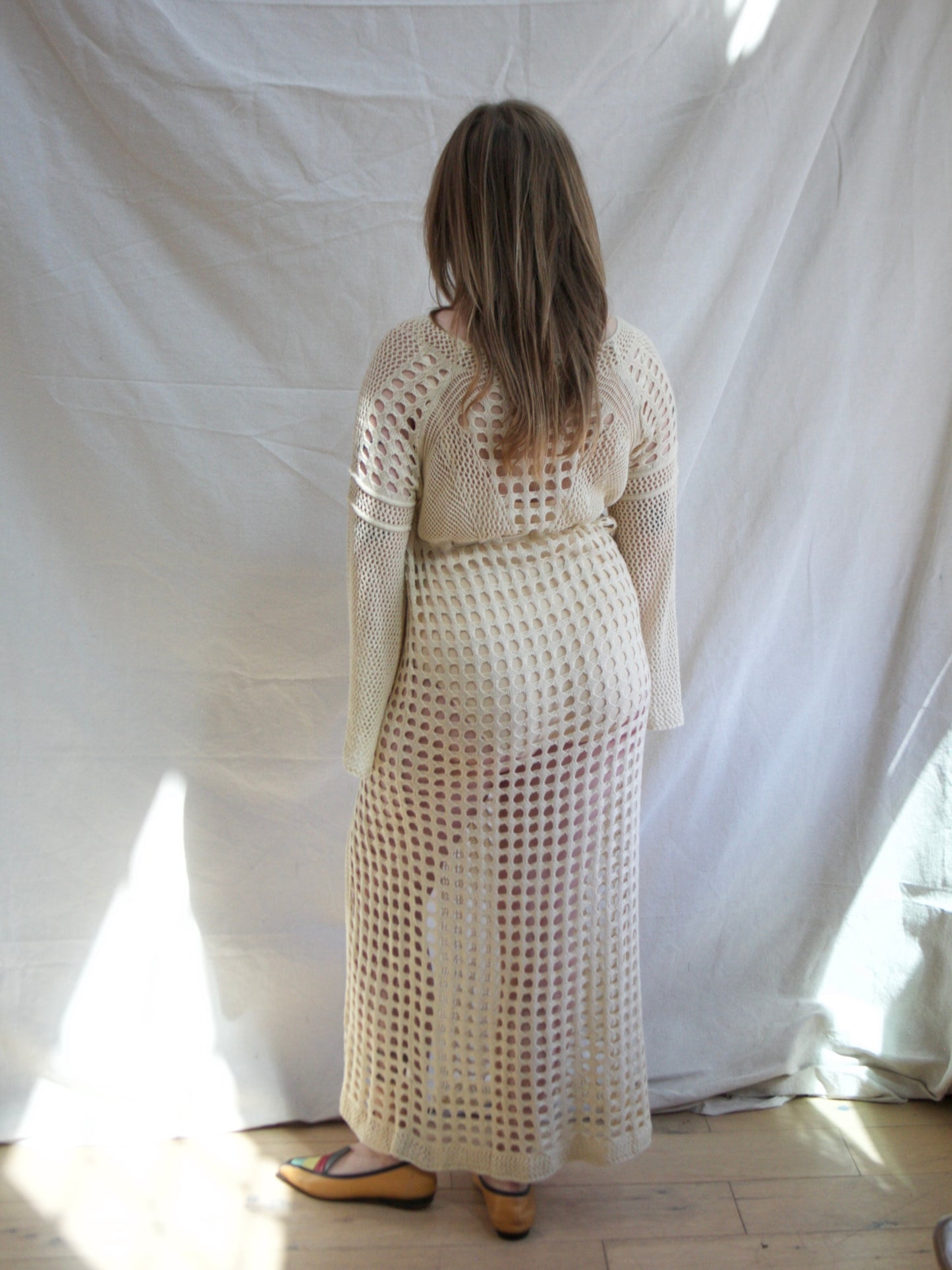 1970s Soft Cotton Bell Sleeve Open Knit Cover Up Dress