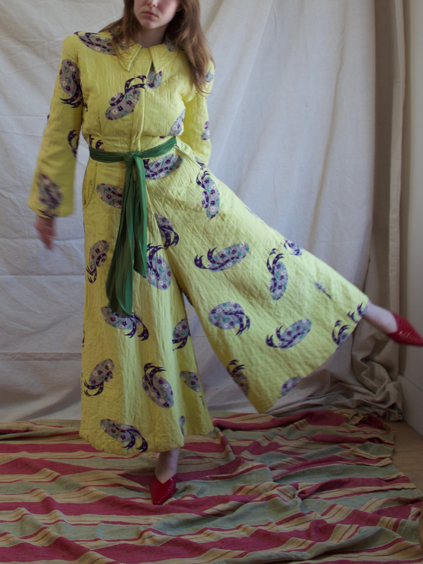 1940s Quilted Novelty Print Palazzo Pant Zip Front Jumpsuit