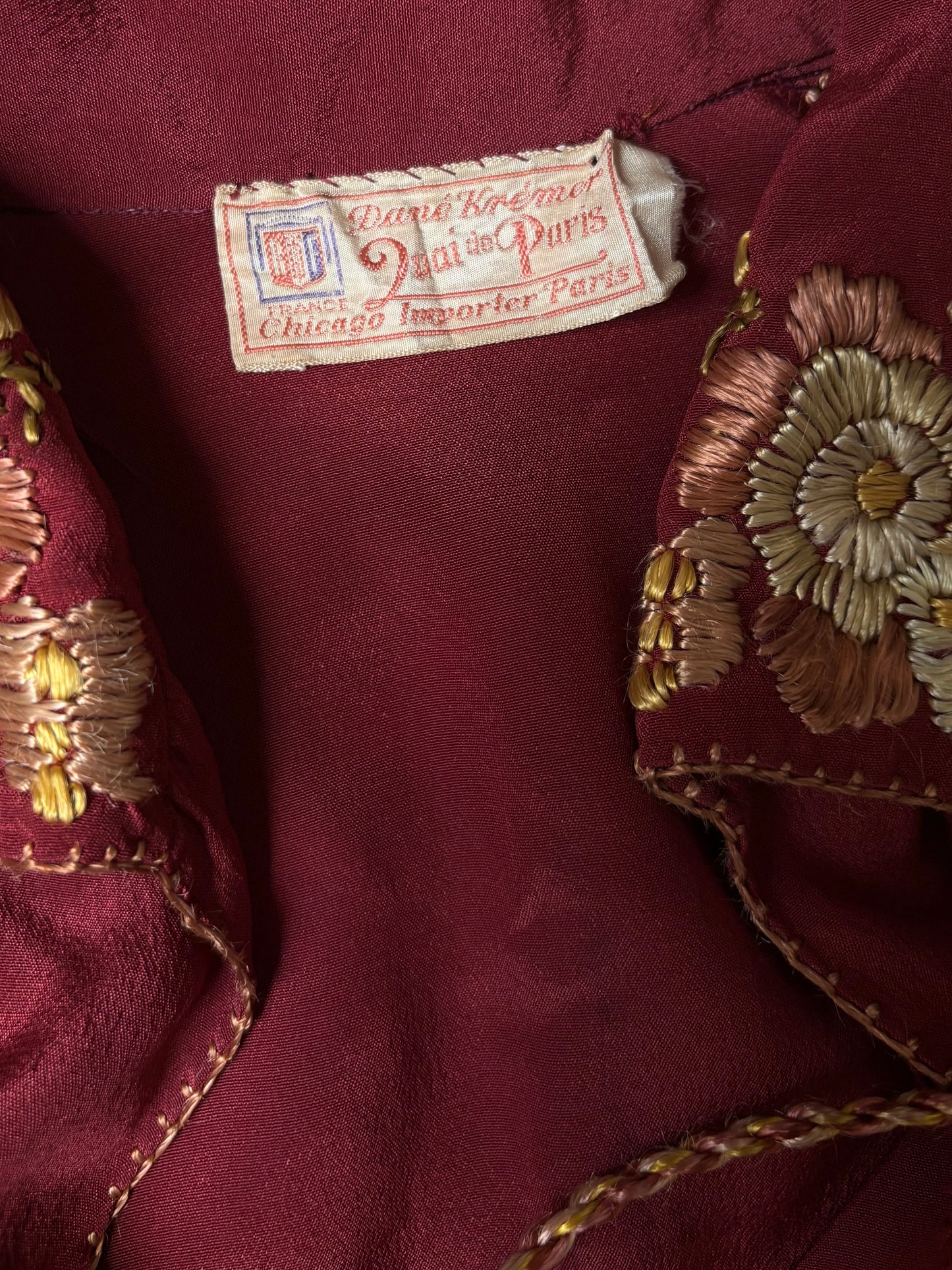 Antique 1920s Autumnal Embroidered Merlot Silk Dress