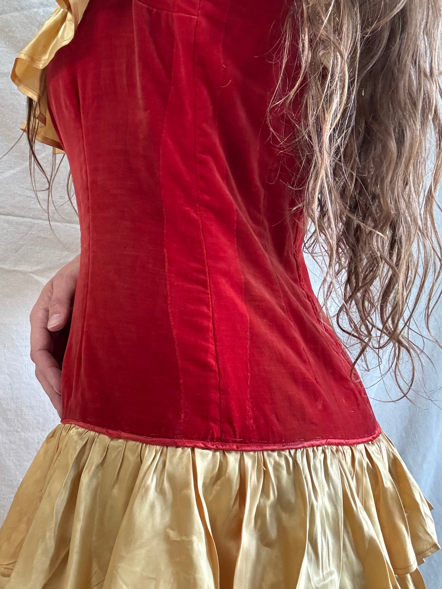 1930s Crimson Velveteen & Gold Liquid Satin Tiered Ruffle Gown