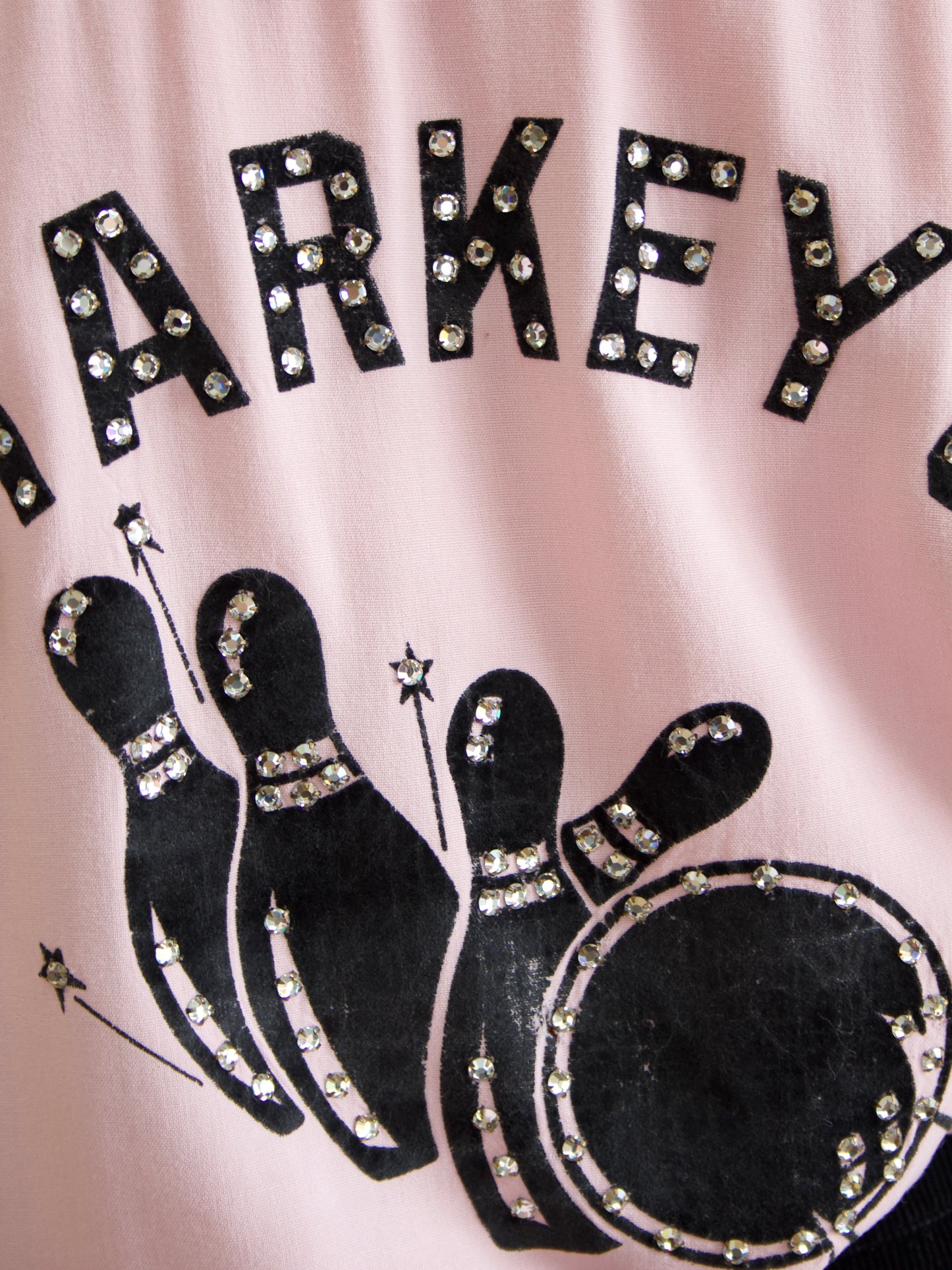 Rare 1950s “Starkeys Bowlerettes” Pink Rhinestone Embellished Gabardine Bowling Shirt