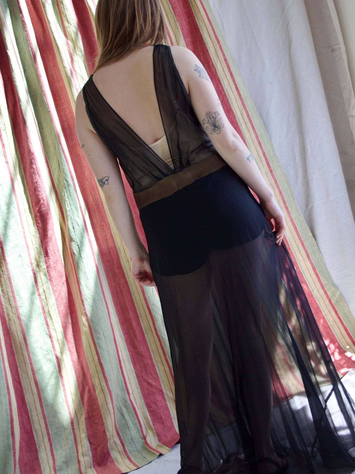 1930s Plunging Bias Cut Two Tone Silk Chiffon & Lace Trim Gown