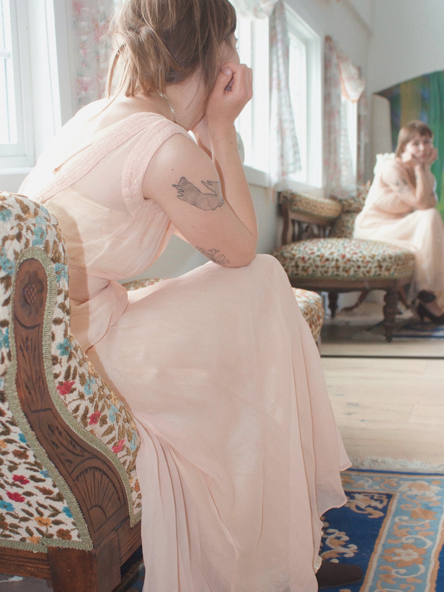 1930s Pale Pink Silk Chiffon Smocked Tie Waist Gown
