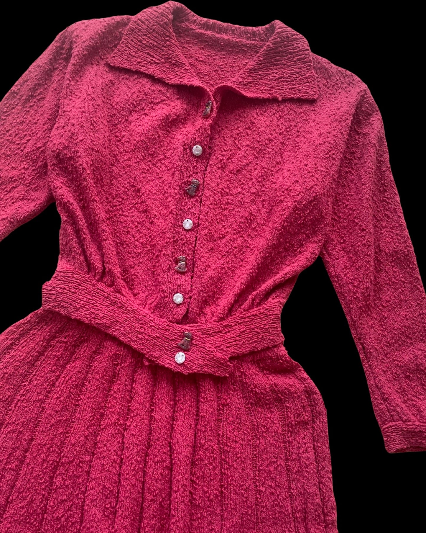 1950s Raspberry Two Piece Bouclé Knit Dress Set With Dog Glass Buttons