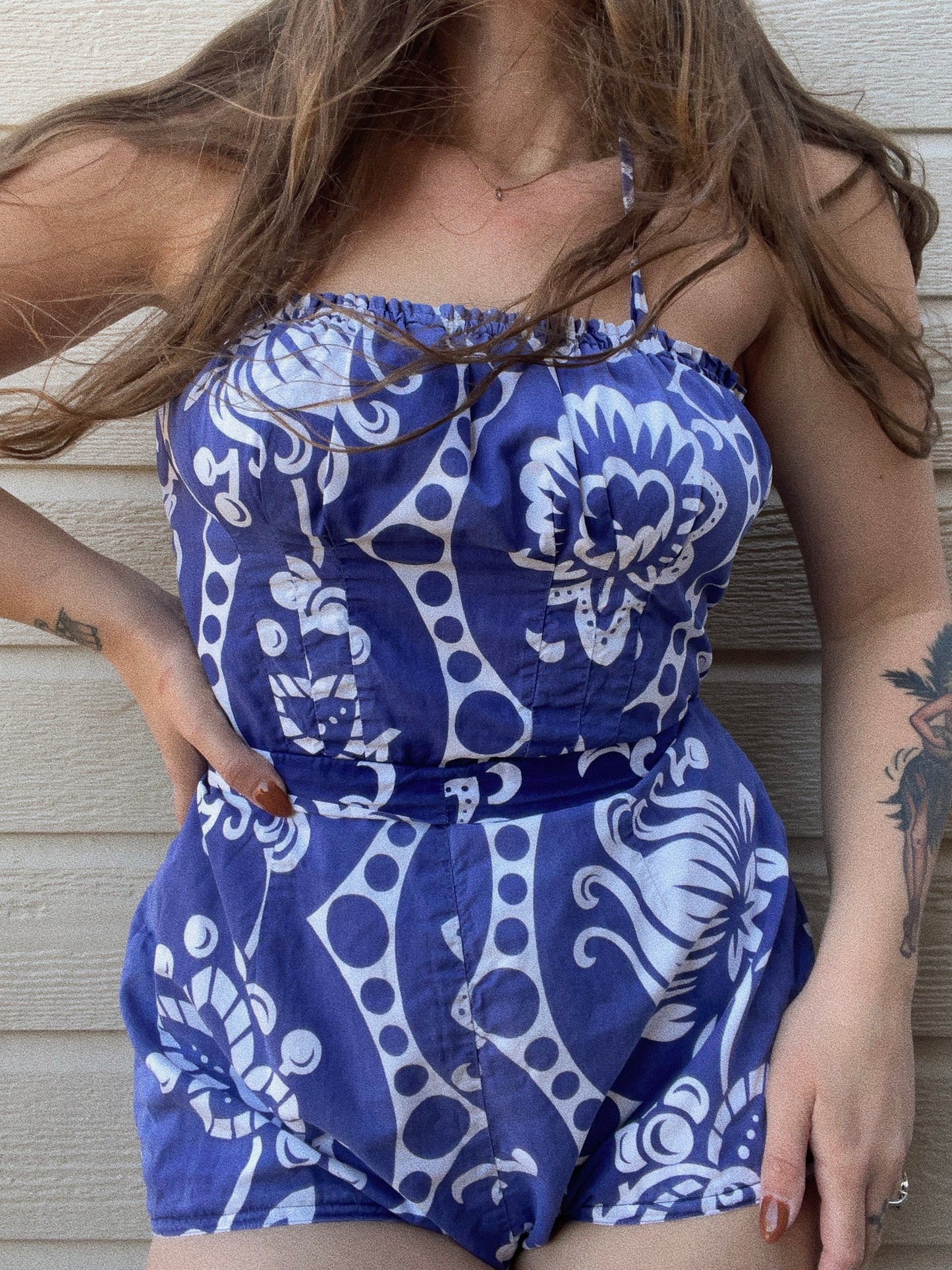 1940s Indigo Cotton Halter Swim/ Play- Suit