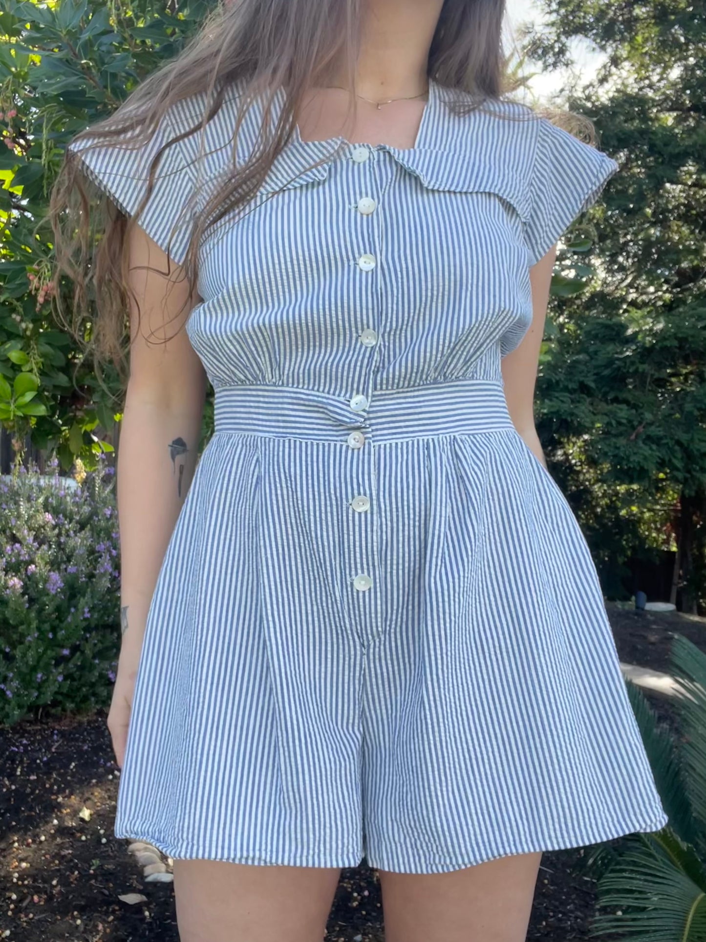 1930s-1940s Striped Seersucker Cap Sleeve Playsuit