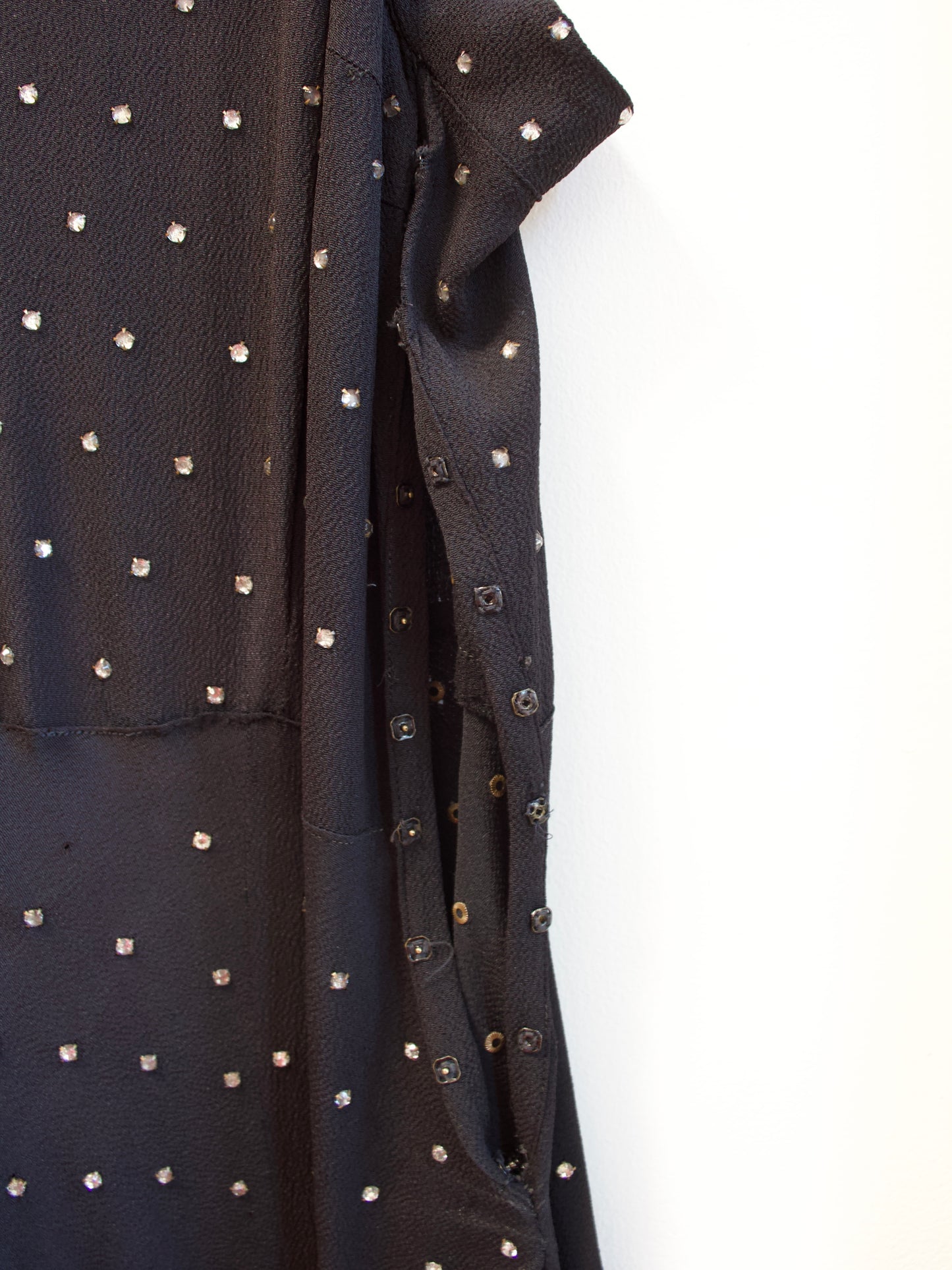 1930s Diamanté Rayon Crete Jet Black Tie Shoulder Gown