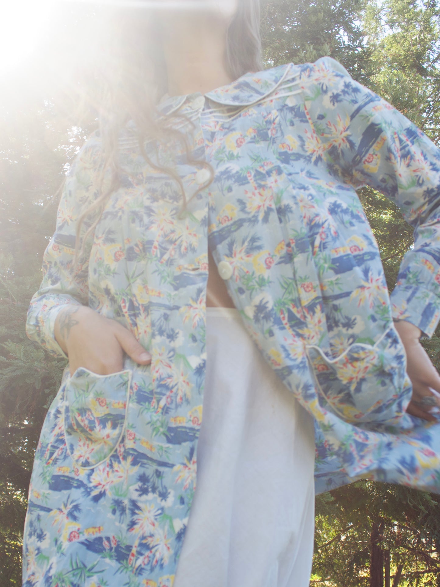 1930s/1940s Tropical Print Cotton Bishop Sleeve Smock