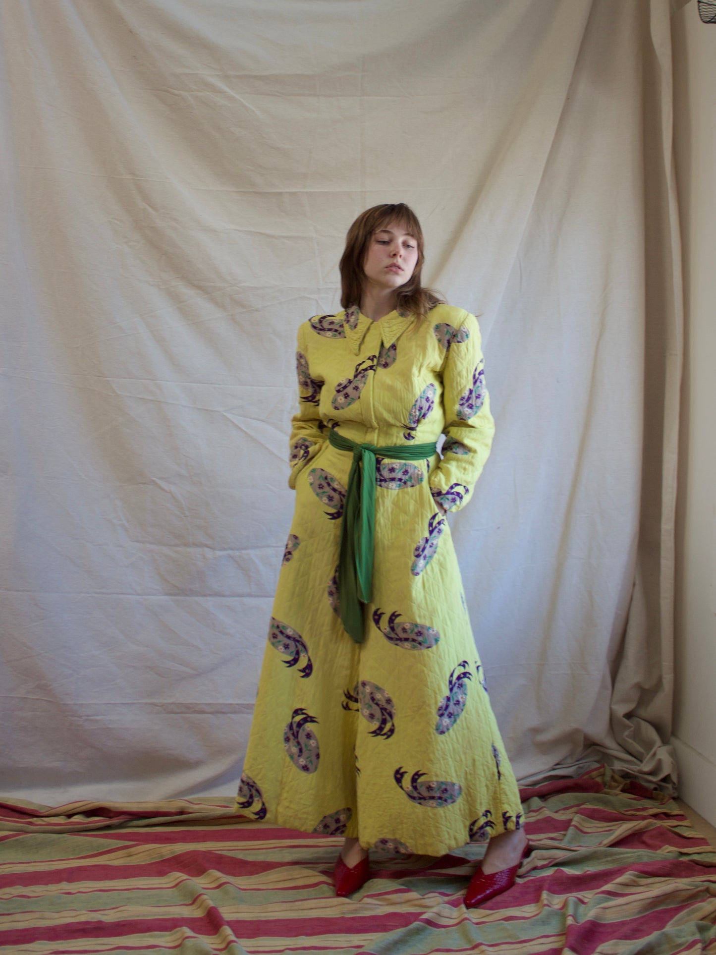 1940s Quilted Novelty Print Palazzo Pant Zip Front Jumpsuit