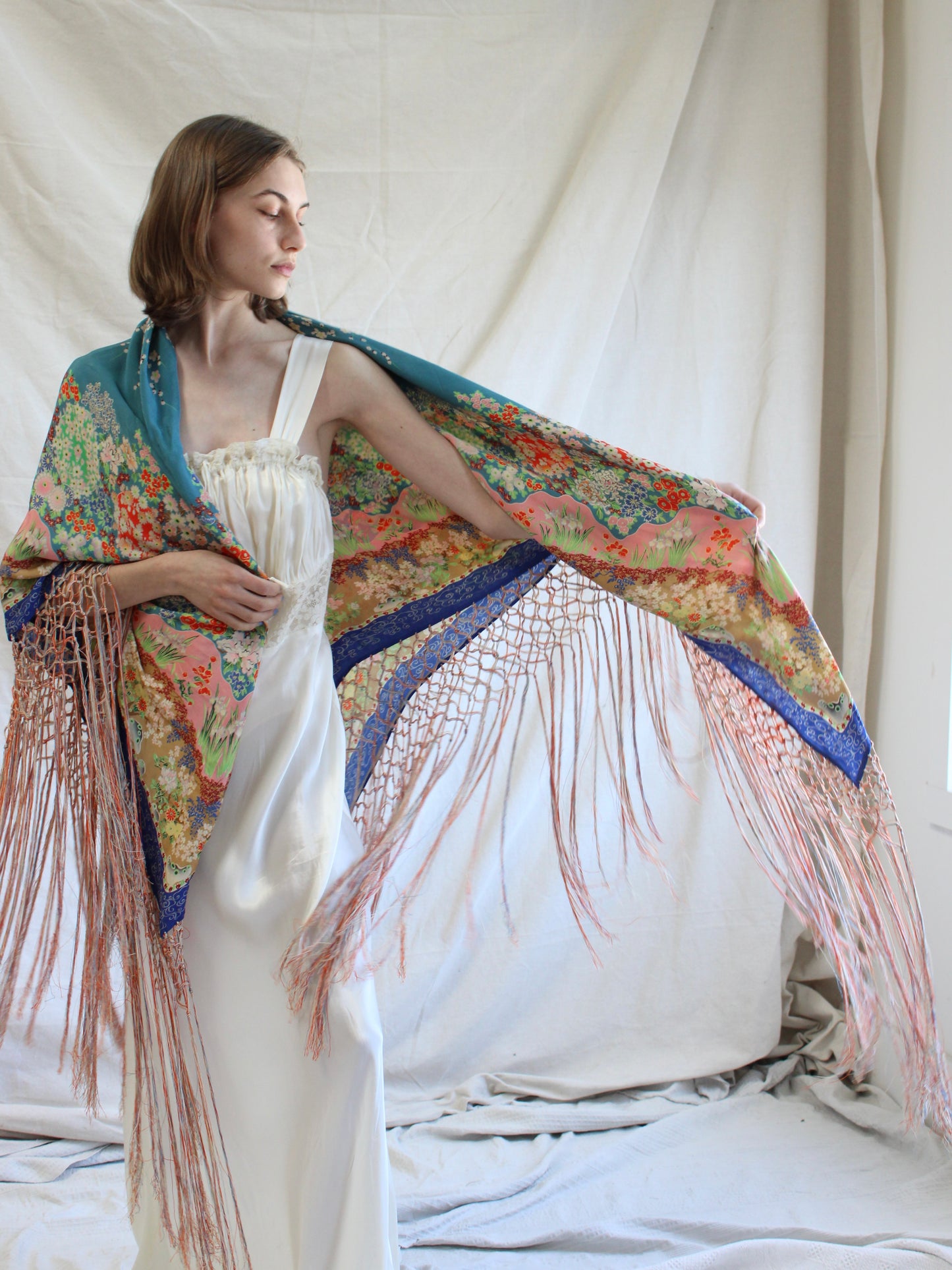 Antique 1920s Japanese Florals Printed Silk Knotted Fringe Shawl
