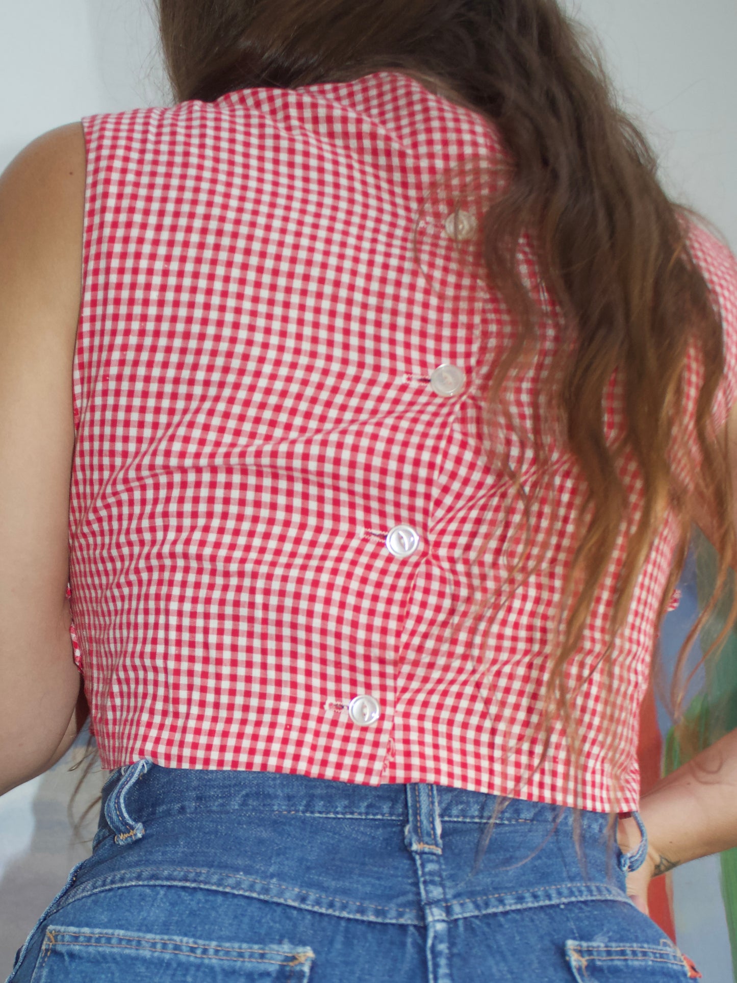 1950s Cropped Gingham Ruffle Blouse