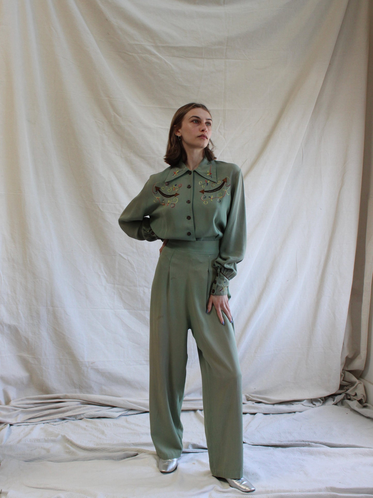 1940s Faded Green Gabardine Western Chain-stitched 2 PC Sportswear Set