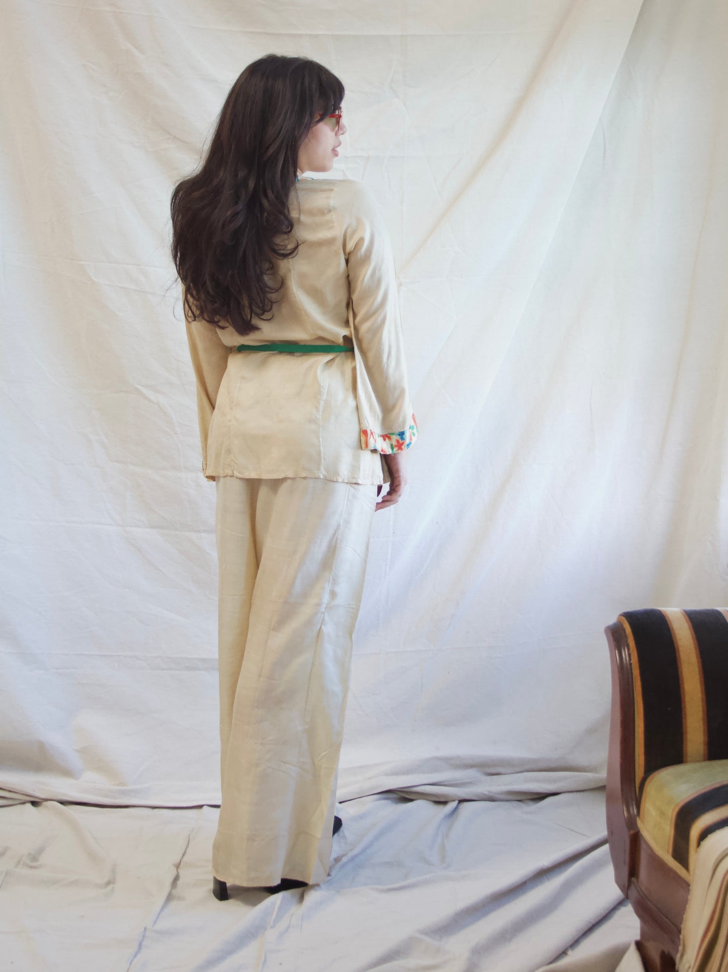 Antique 1920s Faded Print Pongee Silk 2 PC Loungewear Pant Set
