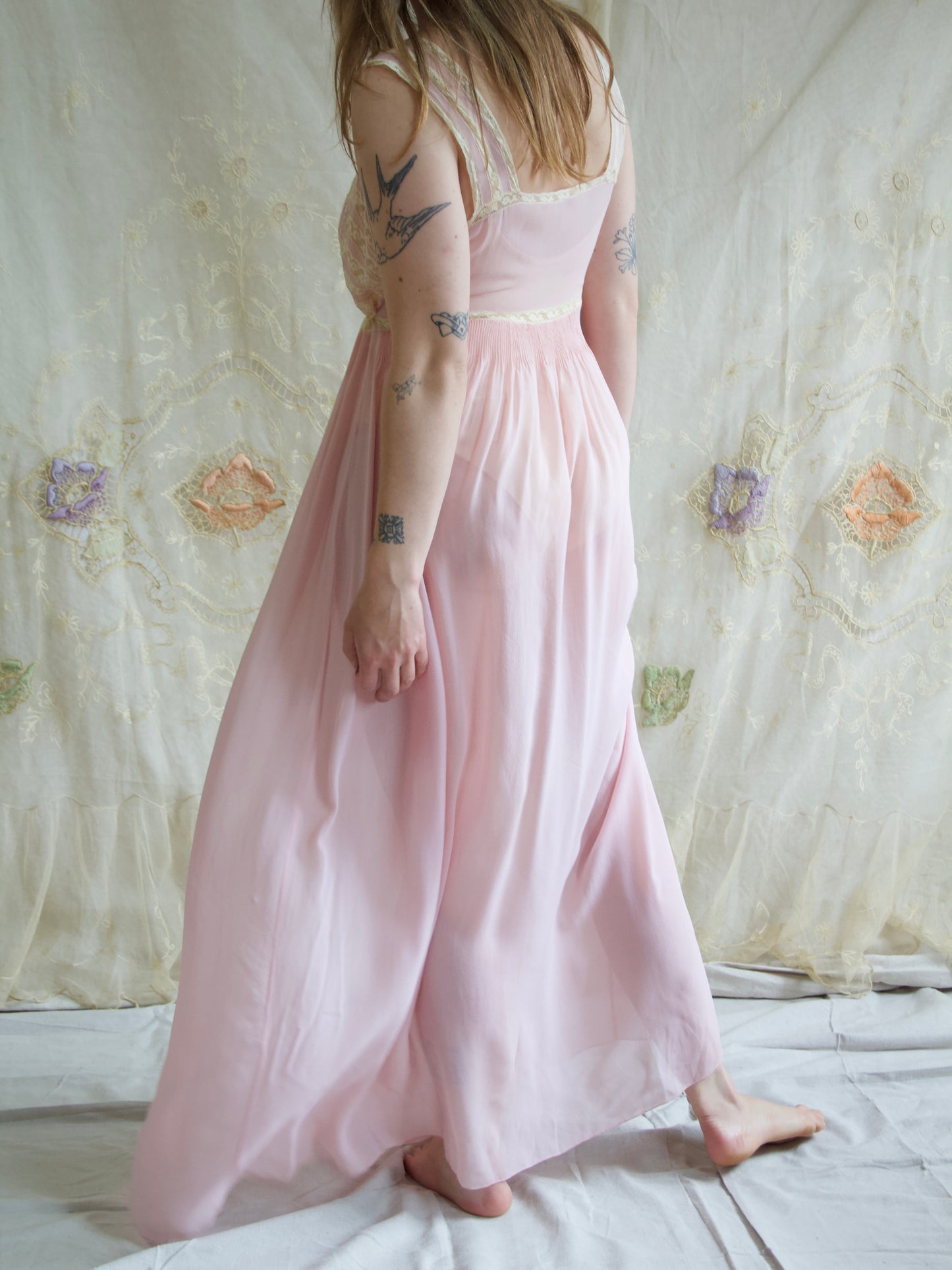 1930s Pale Silk Chiffon & Lace Hand Embroidered Slip Dress
