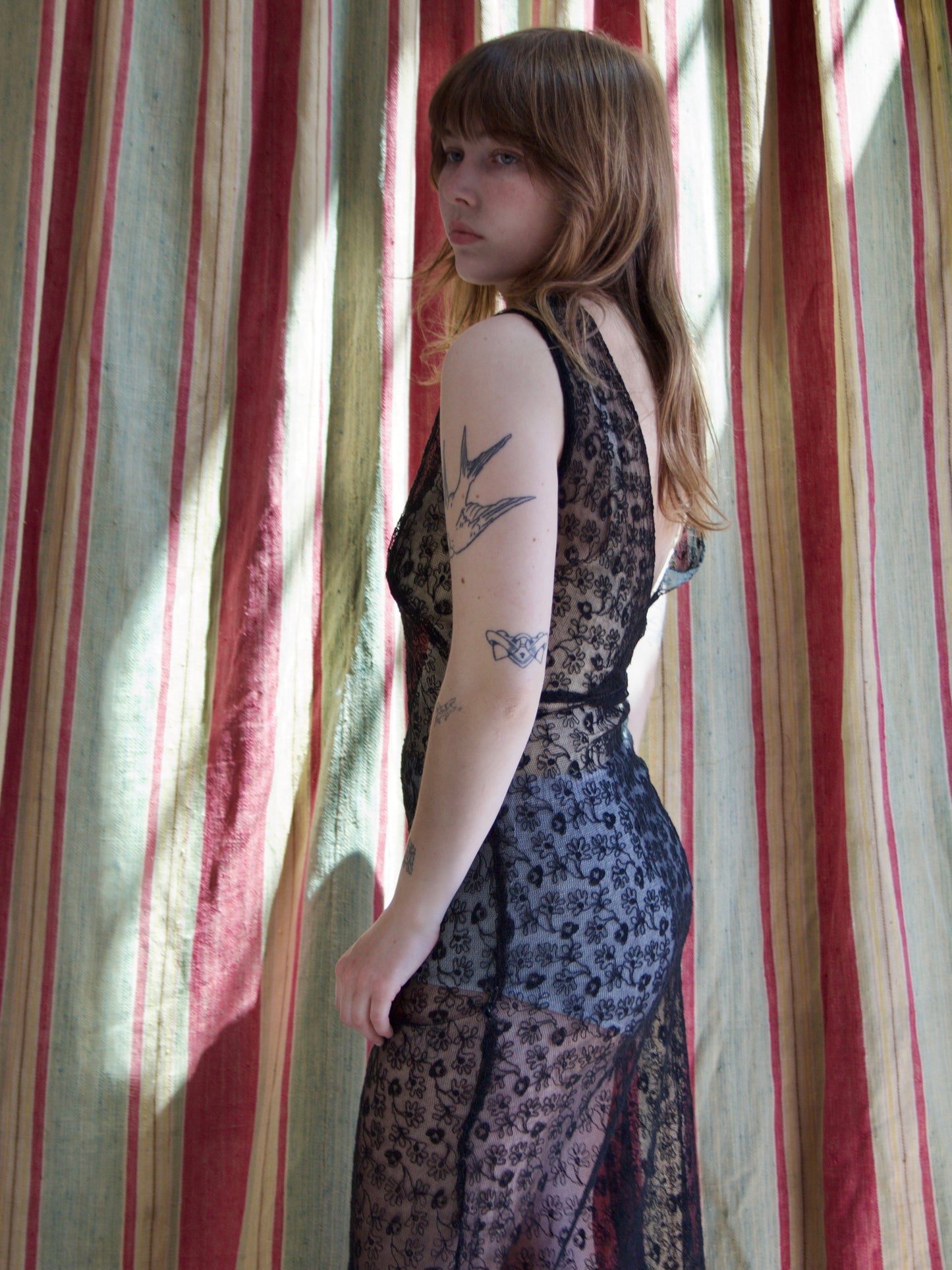 1930s Inky Black Embroidered Net Low Back Dress